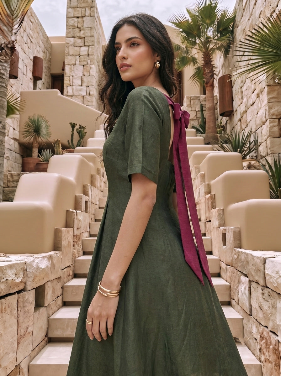 Olive Sweetheart-Neck Dress