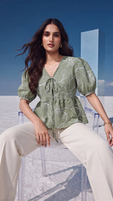 Sage Embroidered Tie-Neck Top