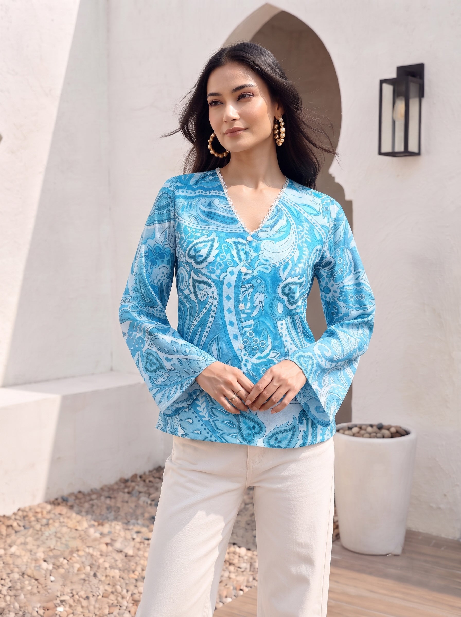Azure Paisley Button Top