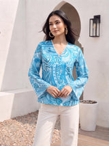 Azure Paisley Button Top