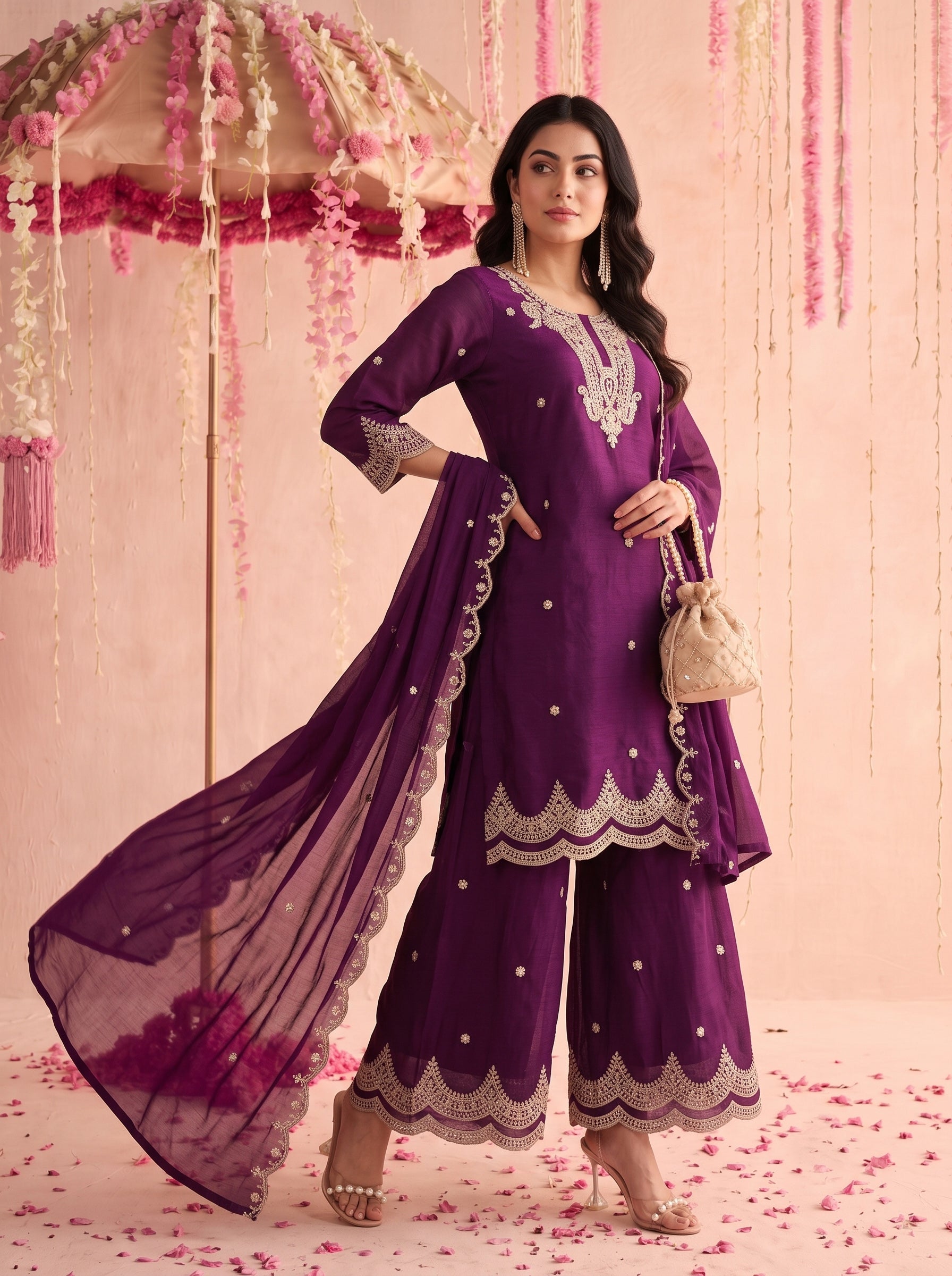 Royal Purple Embroidered Sharara Set