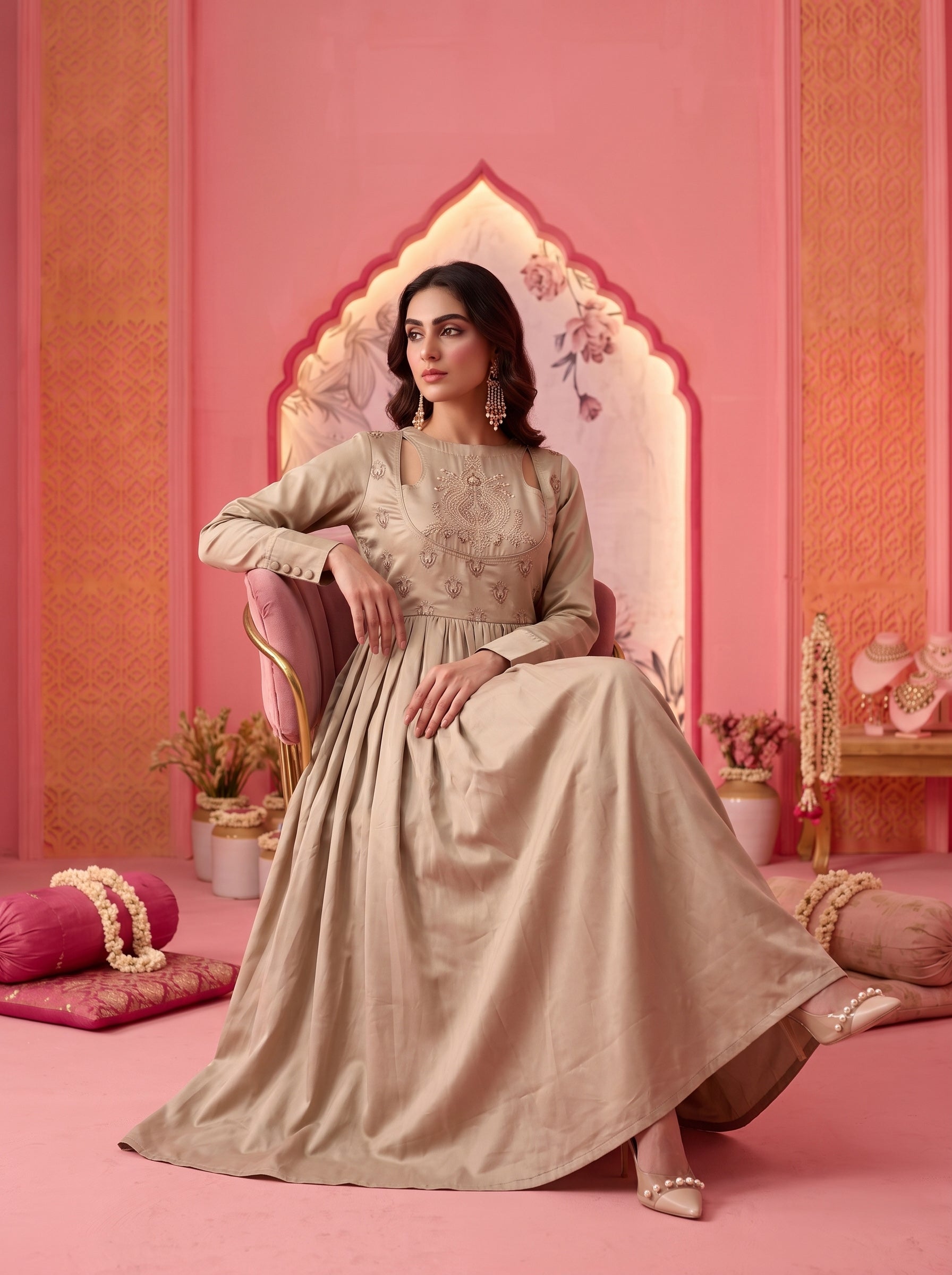 Taupe Nilofer Embroidered Dress