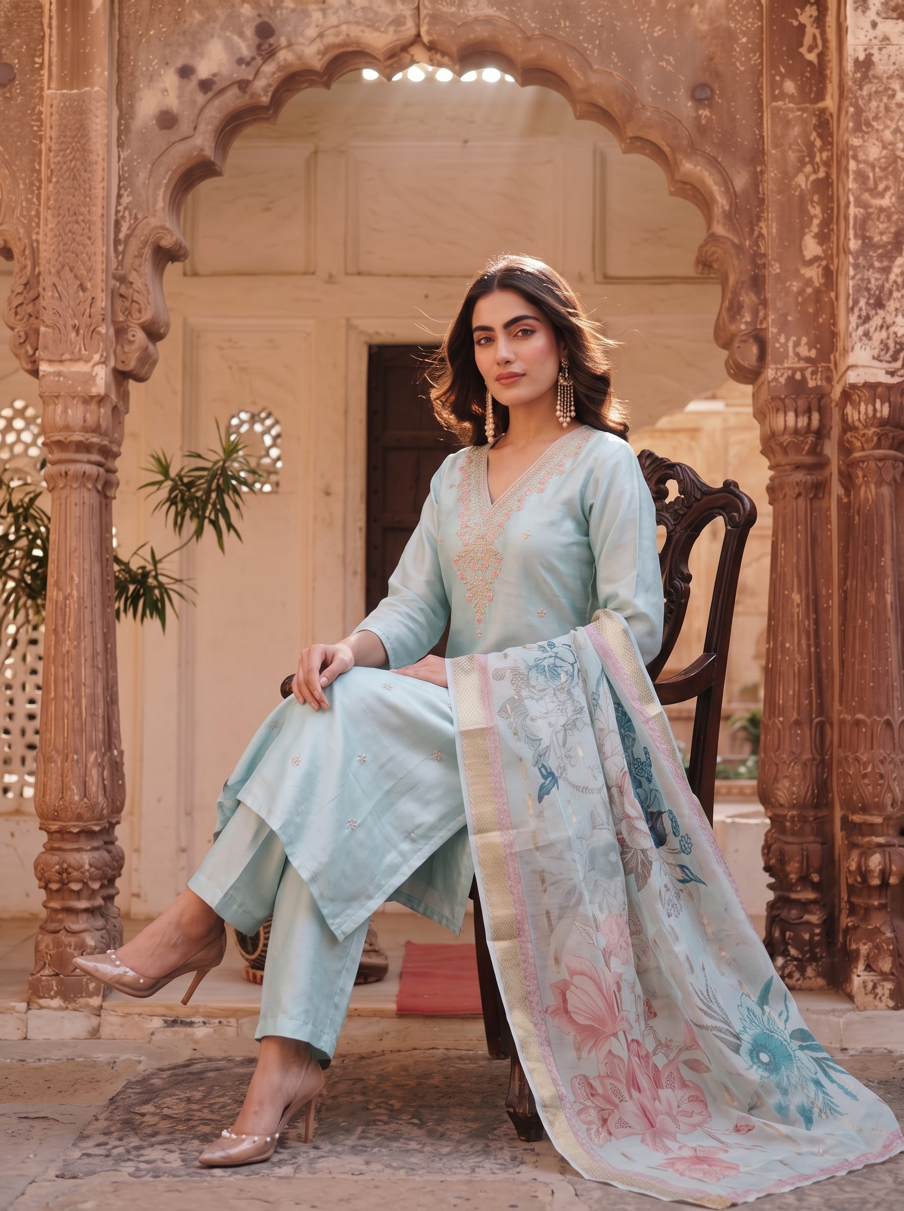 Powder Blue Bloom  Festive Kurta Set