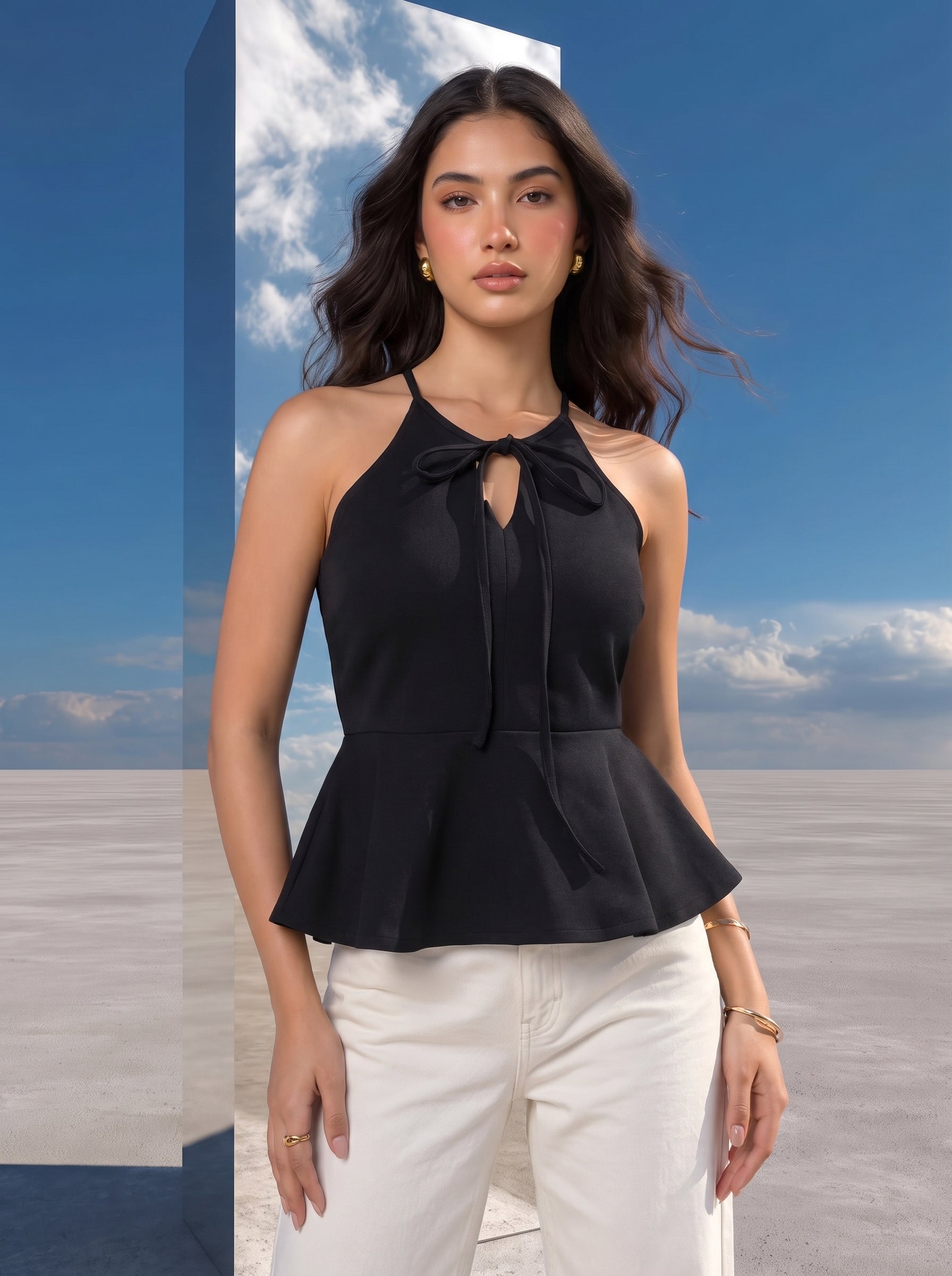 Noir Tie-Neck Peplum Halter Top