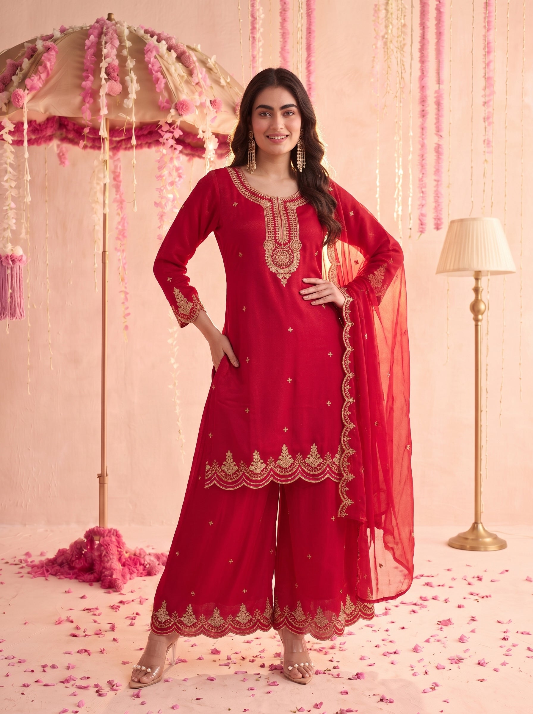 Crimson Red Embroidered Sharara Set