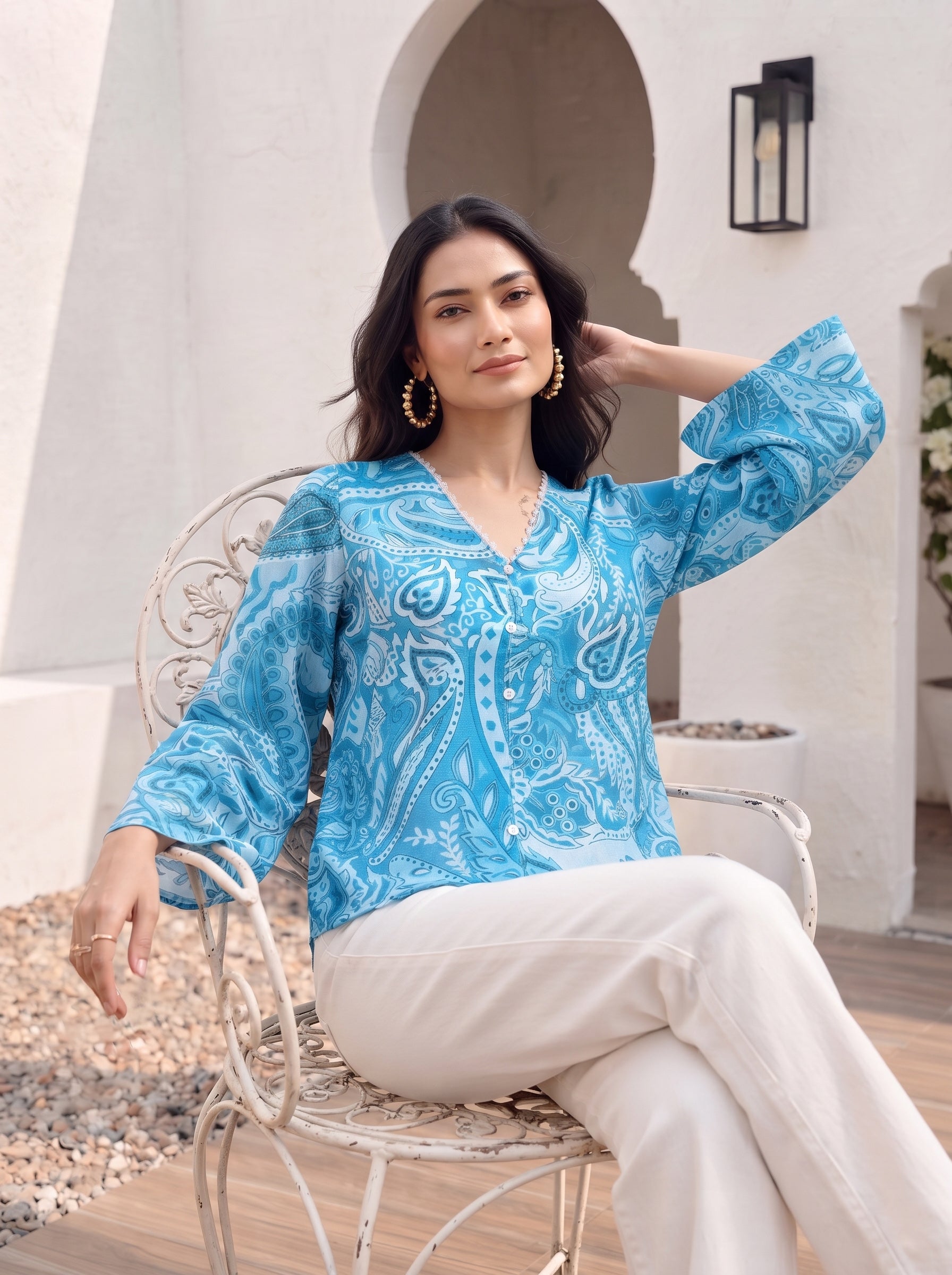 Azure Paisley Button Top