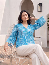 Azure Paisley Button Top