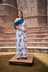 Tempting White and Blue Floral Print Statement Gown