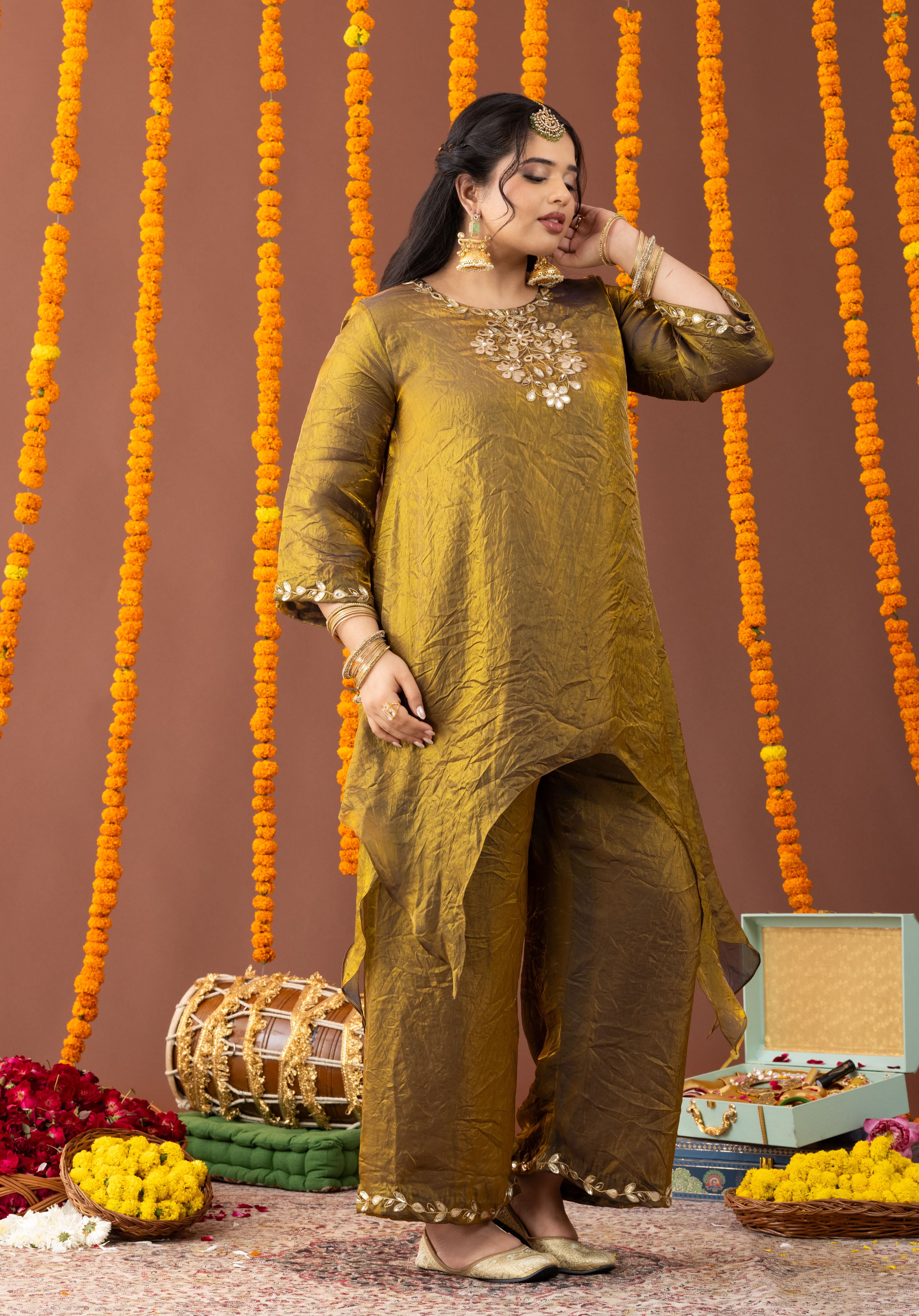 Crushed Golden Tilla-Work Kurta Co Ord Set