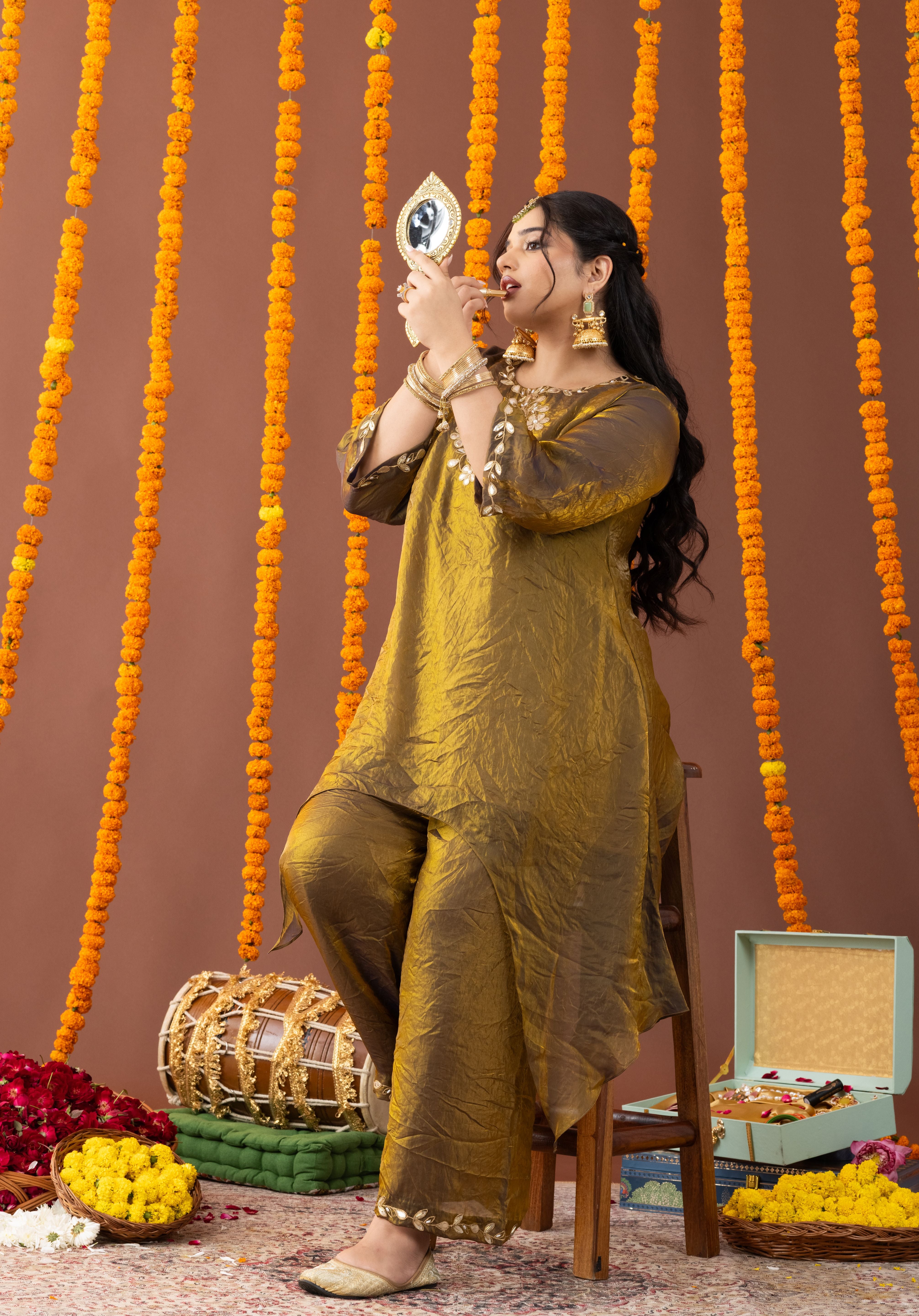 Crushed Golden Tilla-Work Kurta Co Ord Set