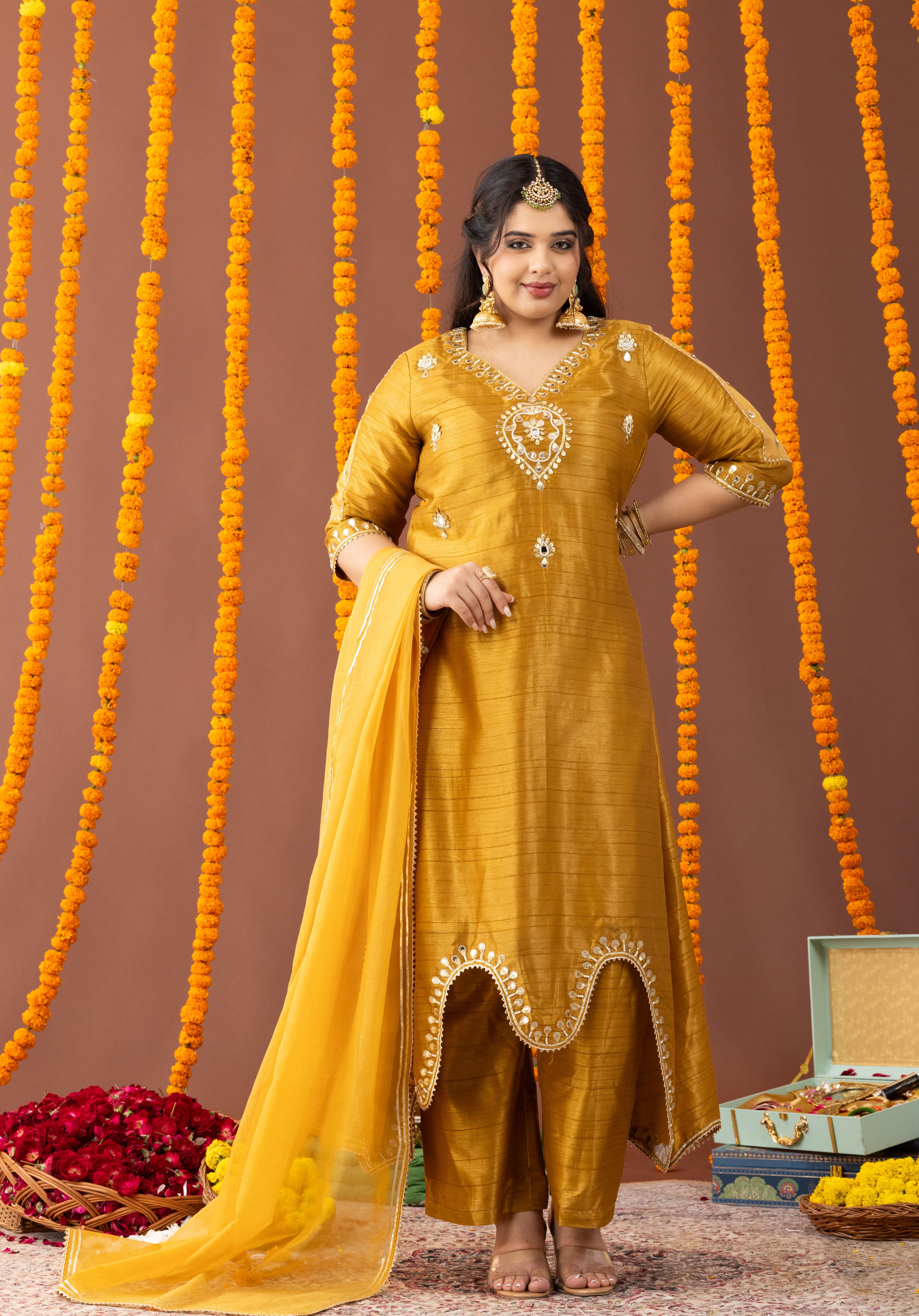Roshani Yellow Three piece suit set with Dupatta