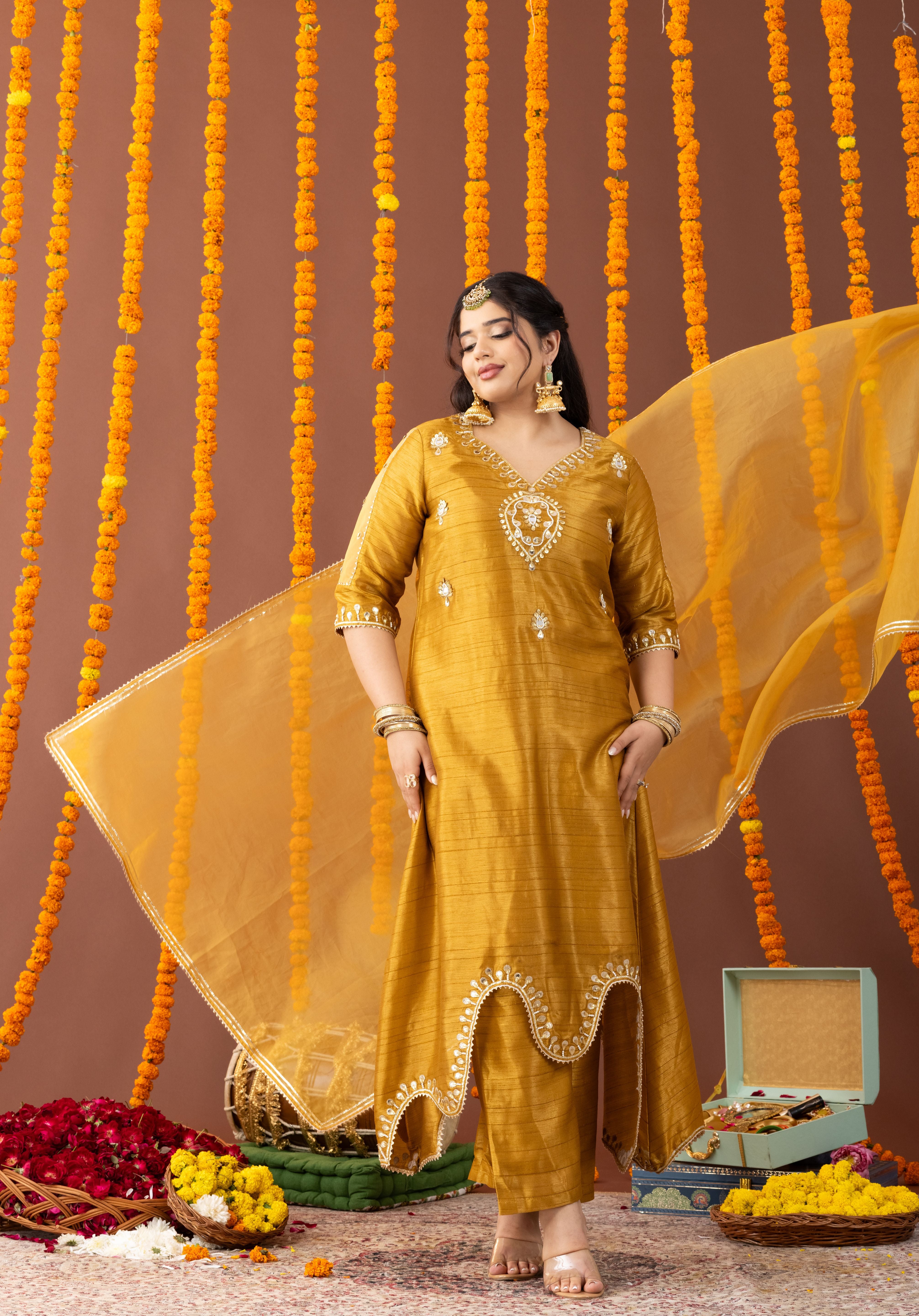 Roshani Yellow Three piece suit set with Dupatta