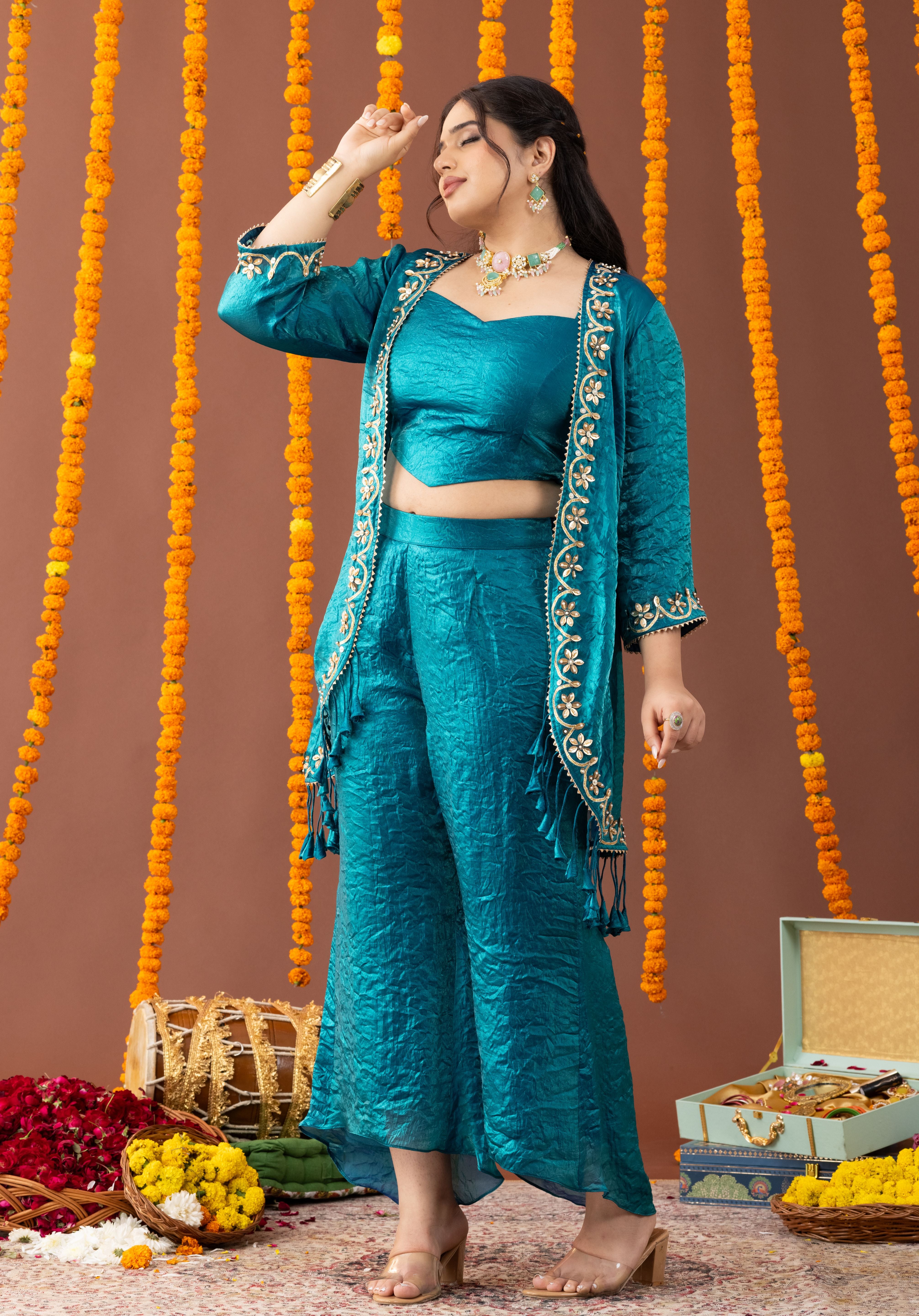 Peacock Teal Blue 3 Piece Coord Set with Fringe Details