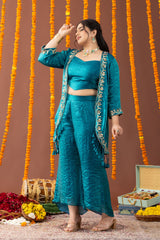 Peacock Teal Blue 3 Piece Coord Set with Fringe Details