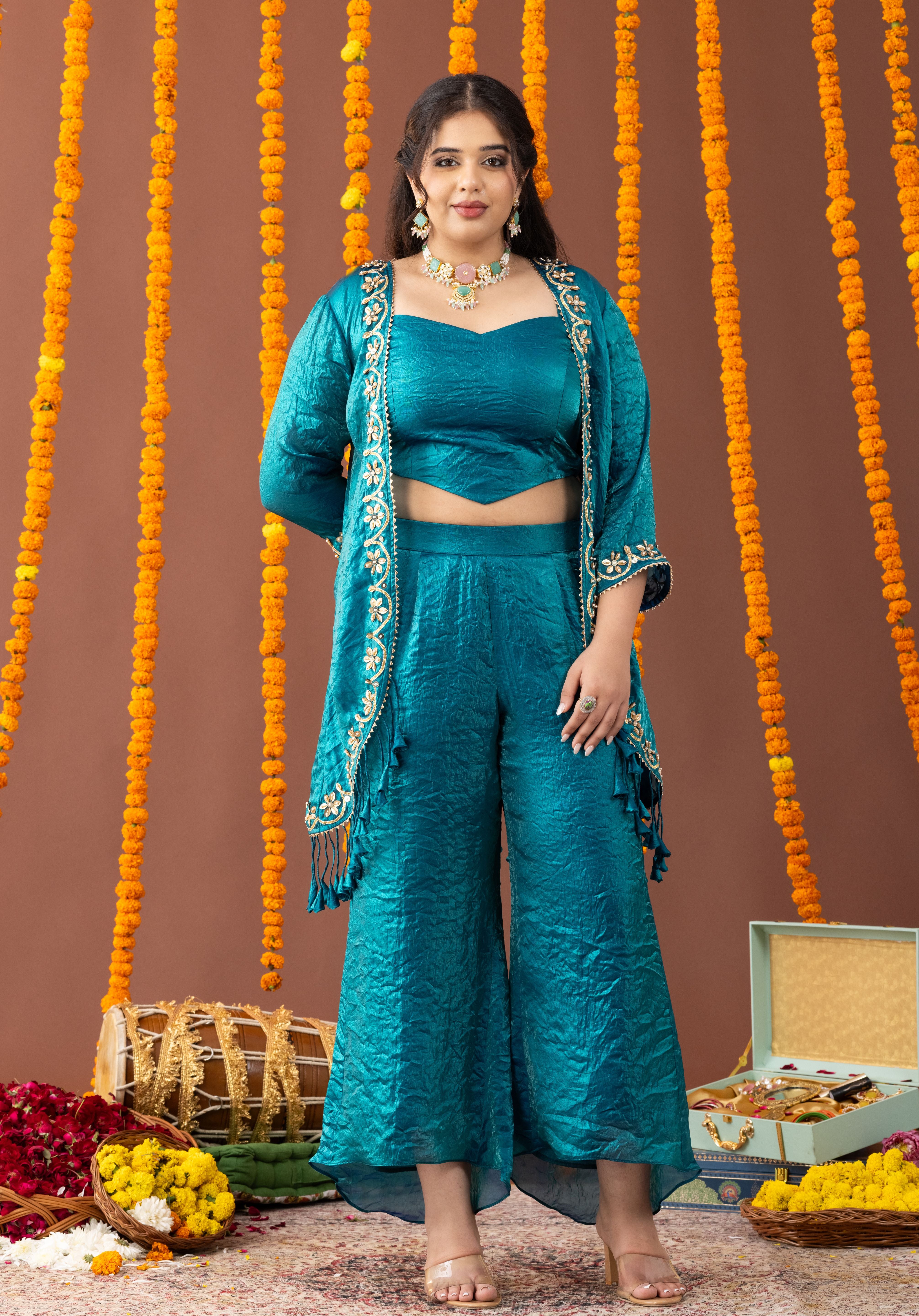 Peacock Teal Blue 3 Piece Coord Set with Fringe Details