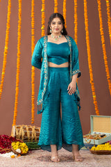 Peacock Teal Blue 3 Piece Coord Set with Fringe Details