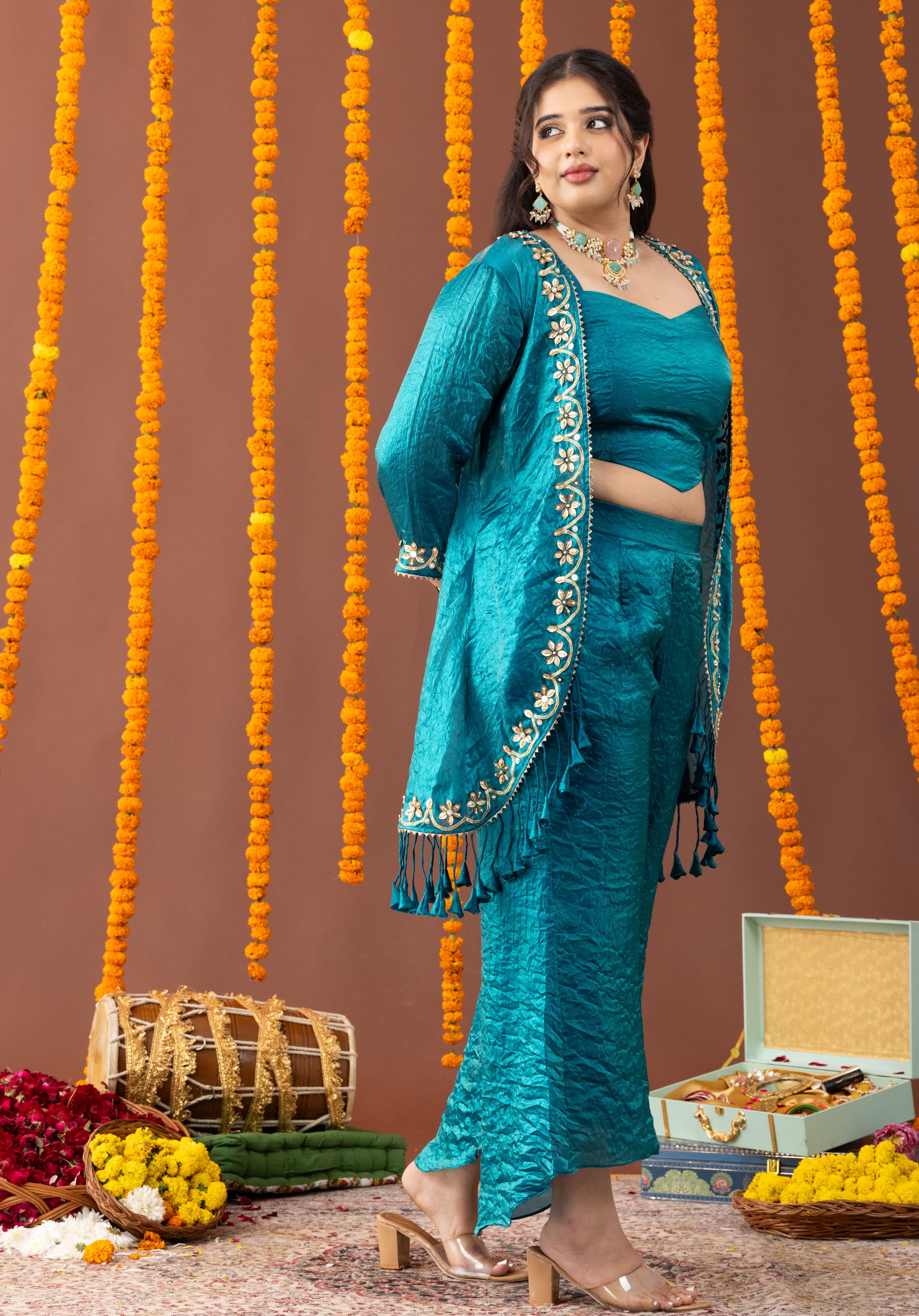 Peacock Teal Blue 3 Piece Coord Set with Fringe Details