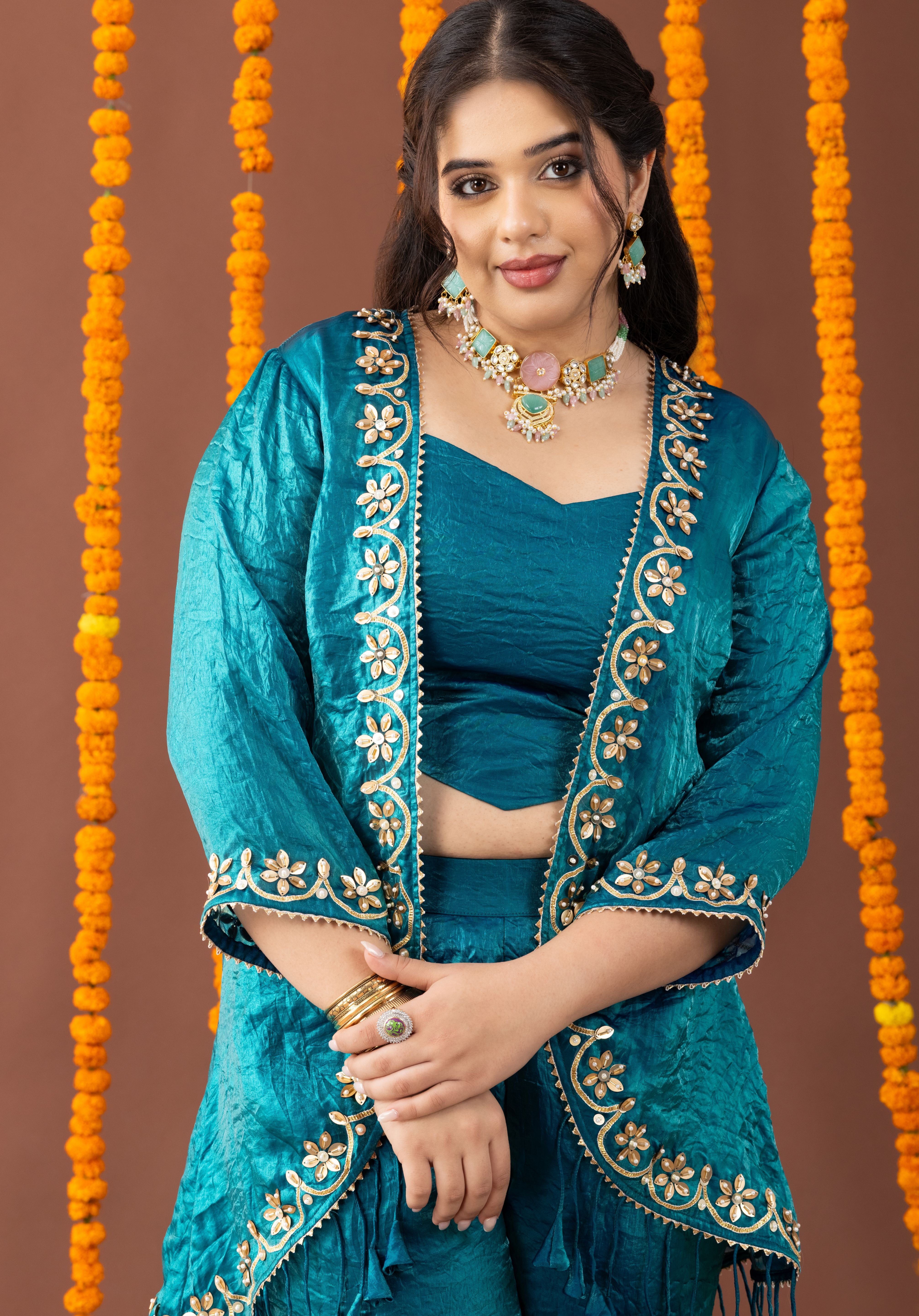 Peacock Teal Blue 3 Piece Coord Set with Fringe Details