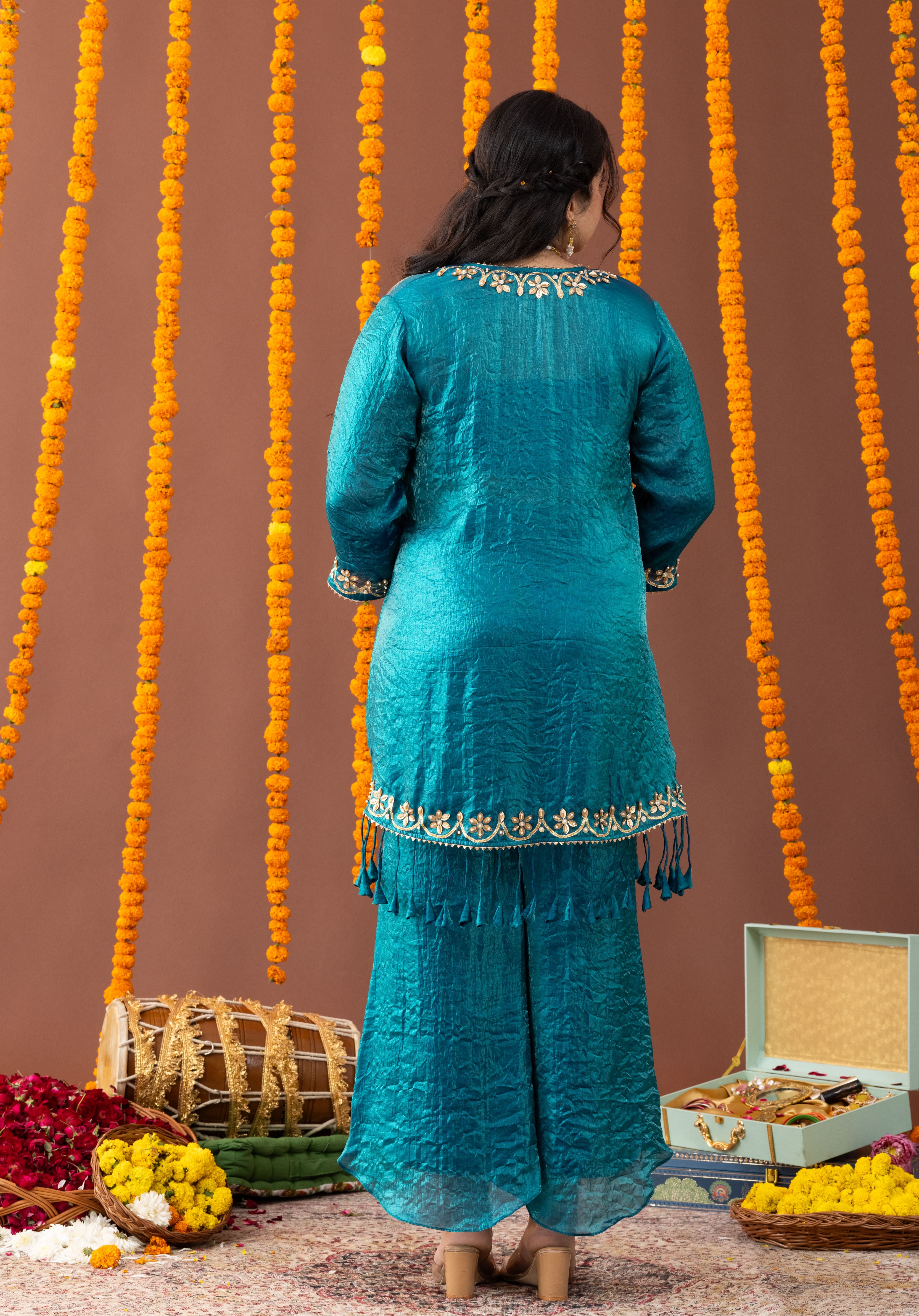 Peacock Teal Blue 3 Piece Coord Set with Fringe Details