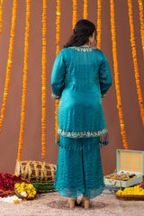 Peacock Teal Blue 3 Piece Coord Set with Fringe Details