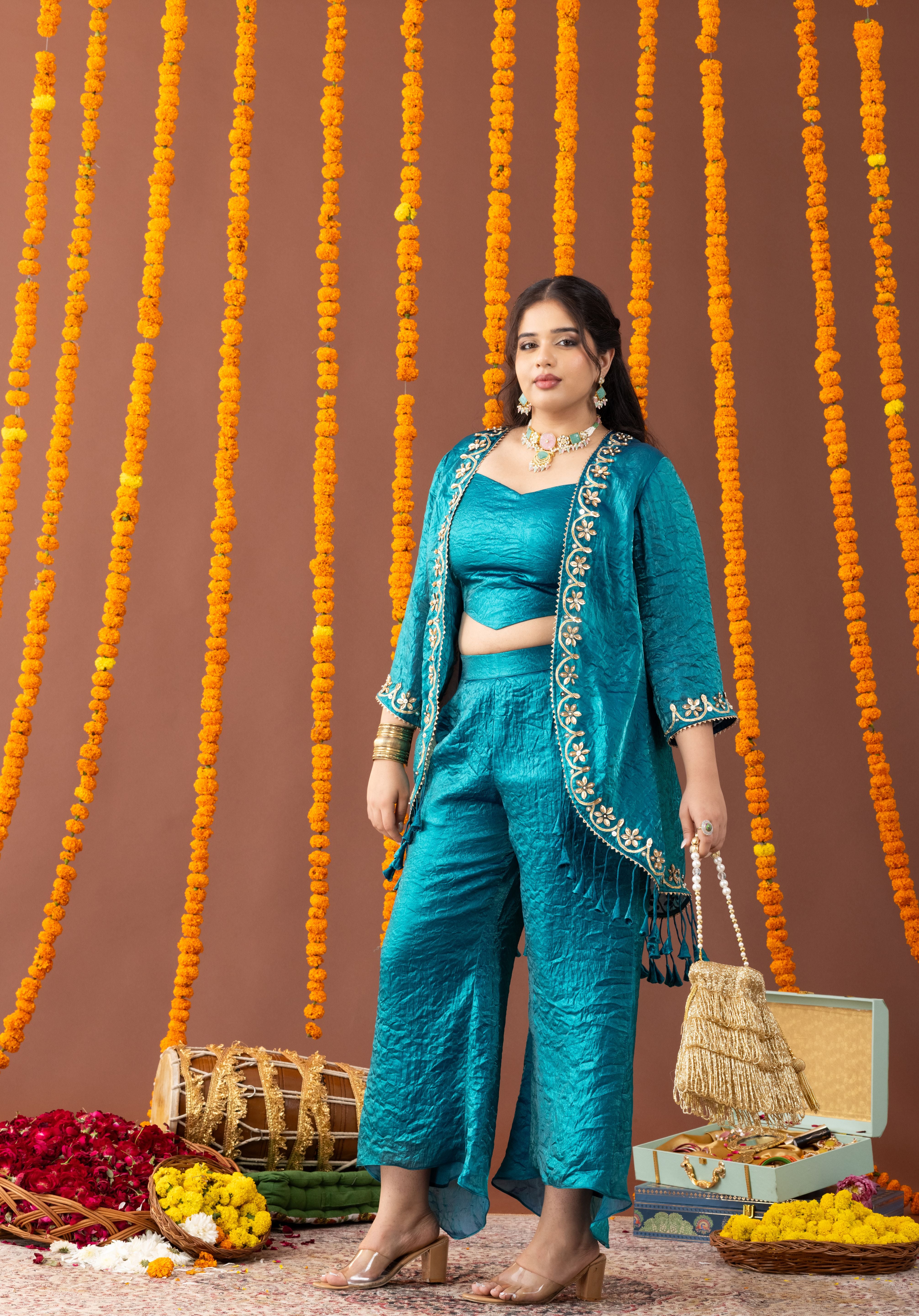 Peacock Teal Blue 3 Piece Coord Set with Fringe Details