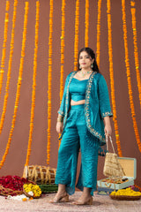 Peacock Teal Blue 3 Piece Coord Set with Fringe Details