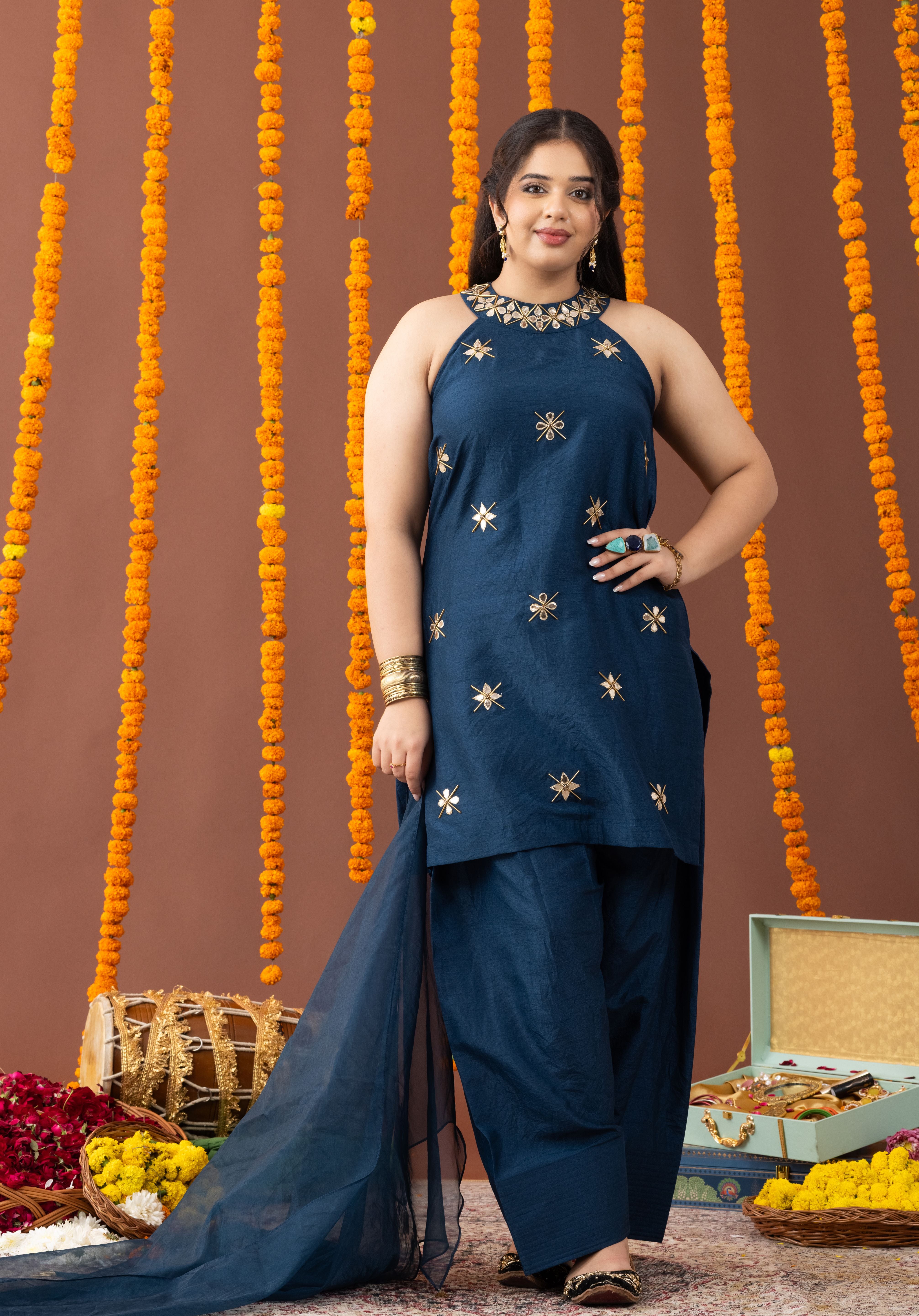 Neel Halter Neck 3 Piece Kurta Set with Farshi Salwar and Dupatta