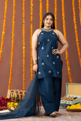 Neel Halter Neck 3 Piece Kurta Set with Farshi Salwar and Dupatta