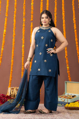 Neel Halter Neck 3 Piece Kurta Set with Farshi Salwar and Dupatta