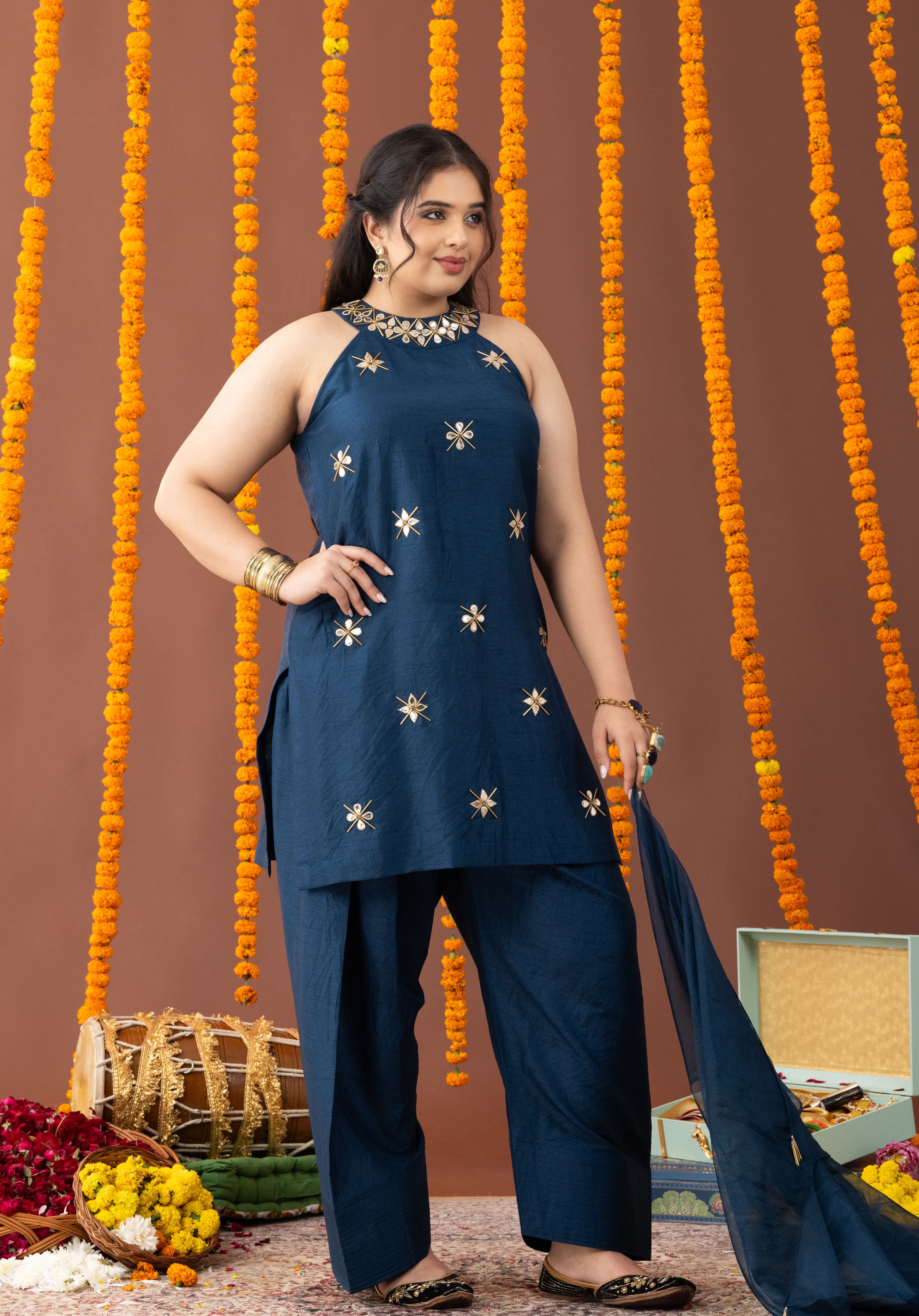 Neel Halter Neck 3 Piece Kurta Set with Farshi Salwar and Dupatta