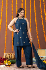 Neel Halter Neck 3 Piece Kurta Set with Farshi Salwar and Dupatta