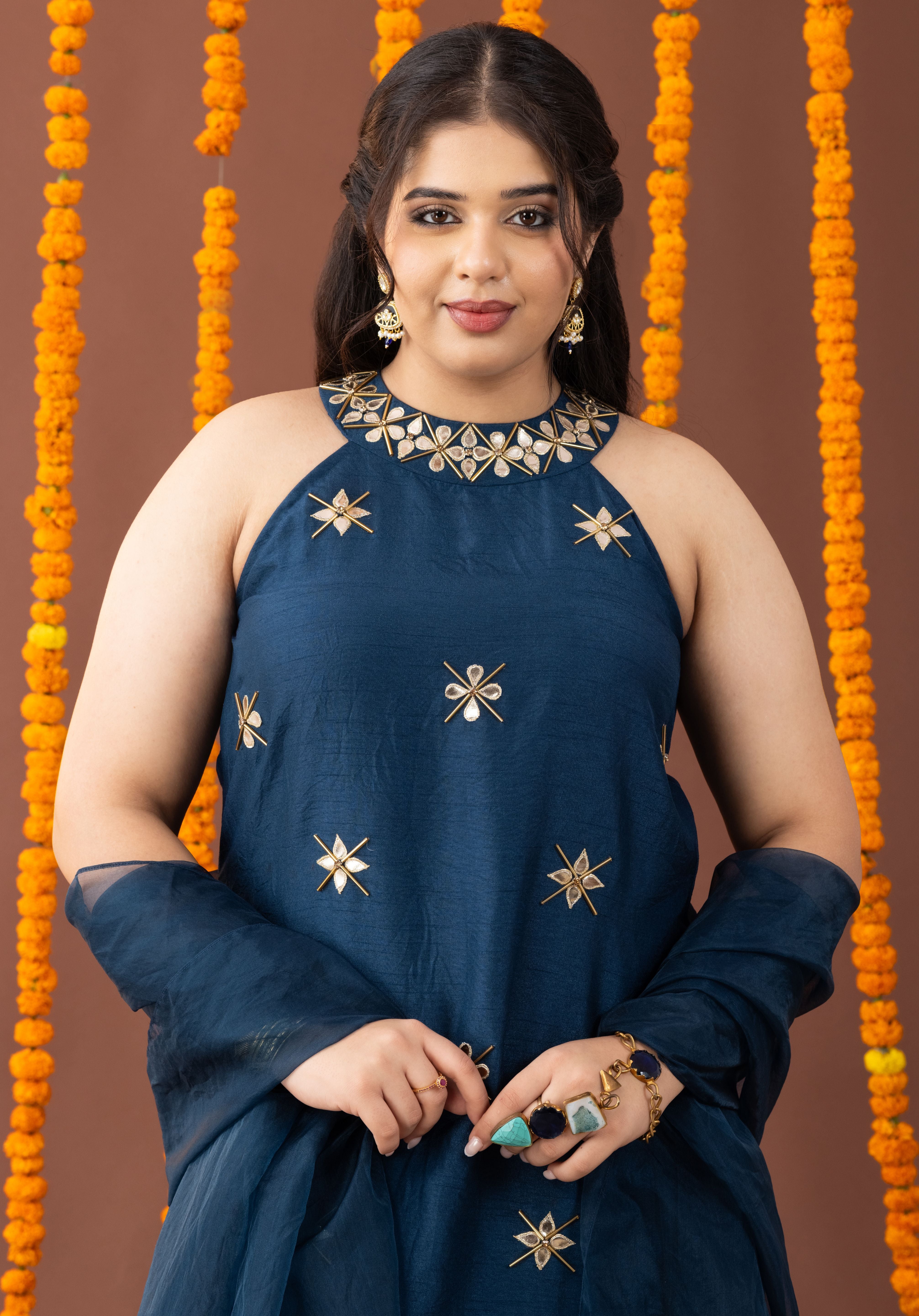 Neel Halter Neck 3 Piece Kurta Set with Farshi Salwar and Dupatta