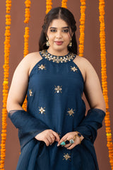 Neel Halter Neck 3 Piece Kurta Set with Farshi Salwar and Dupatta