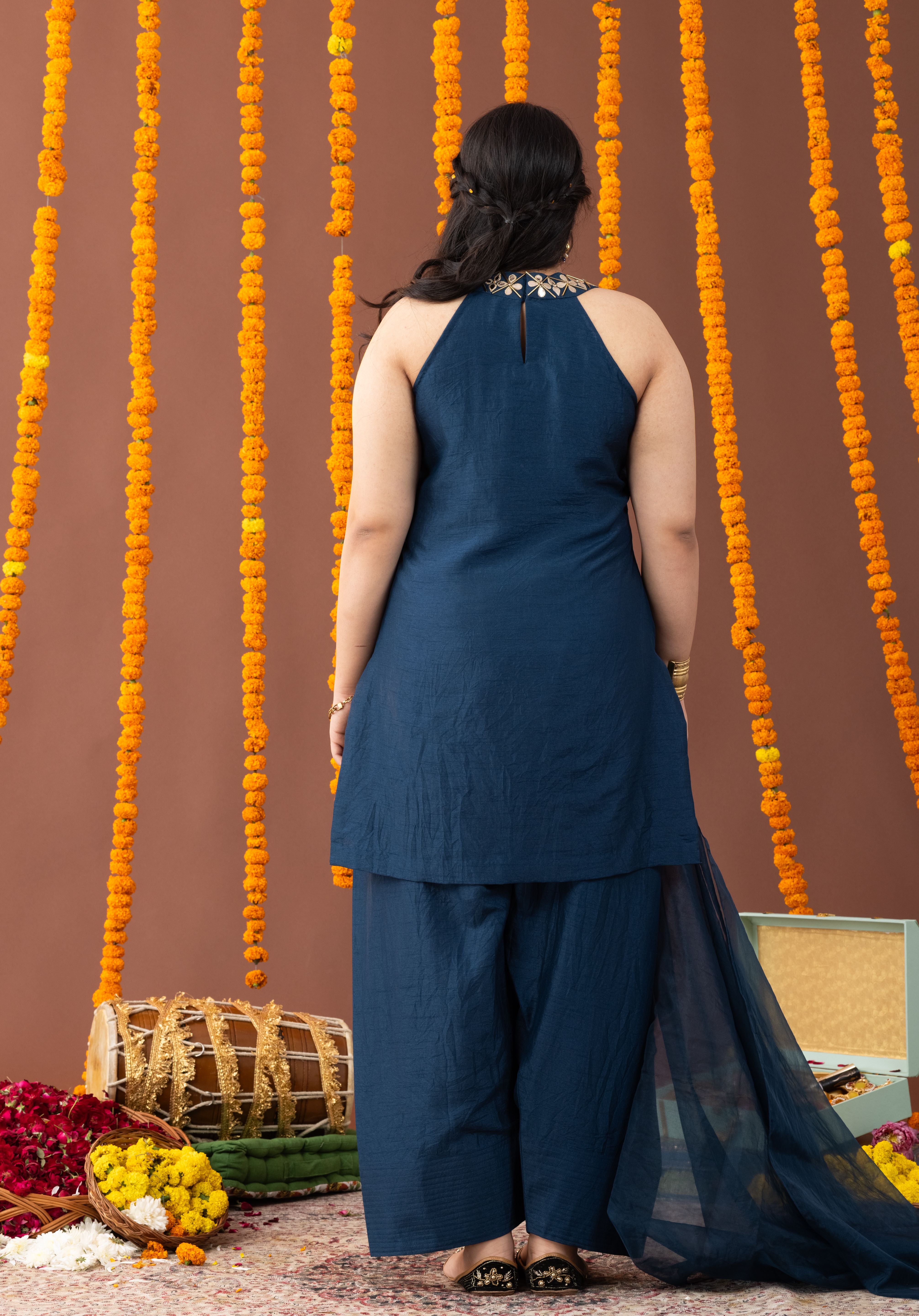 Neel Halter Neck 3 Piece Kurta Set with Farshi Salwar and Dupatta