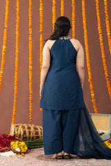 Neel Halter Neck 3 Piece Kurta Set with Farshi Salwar and Dupatta