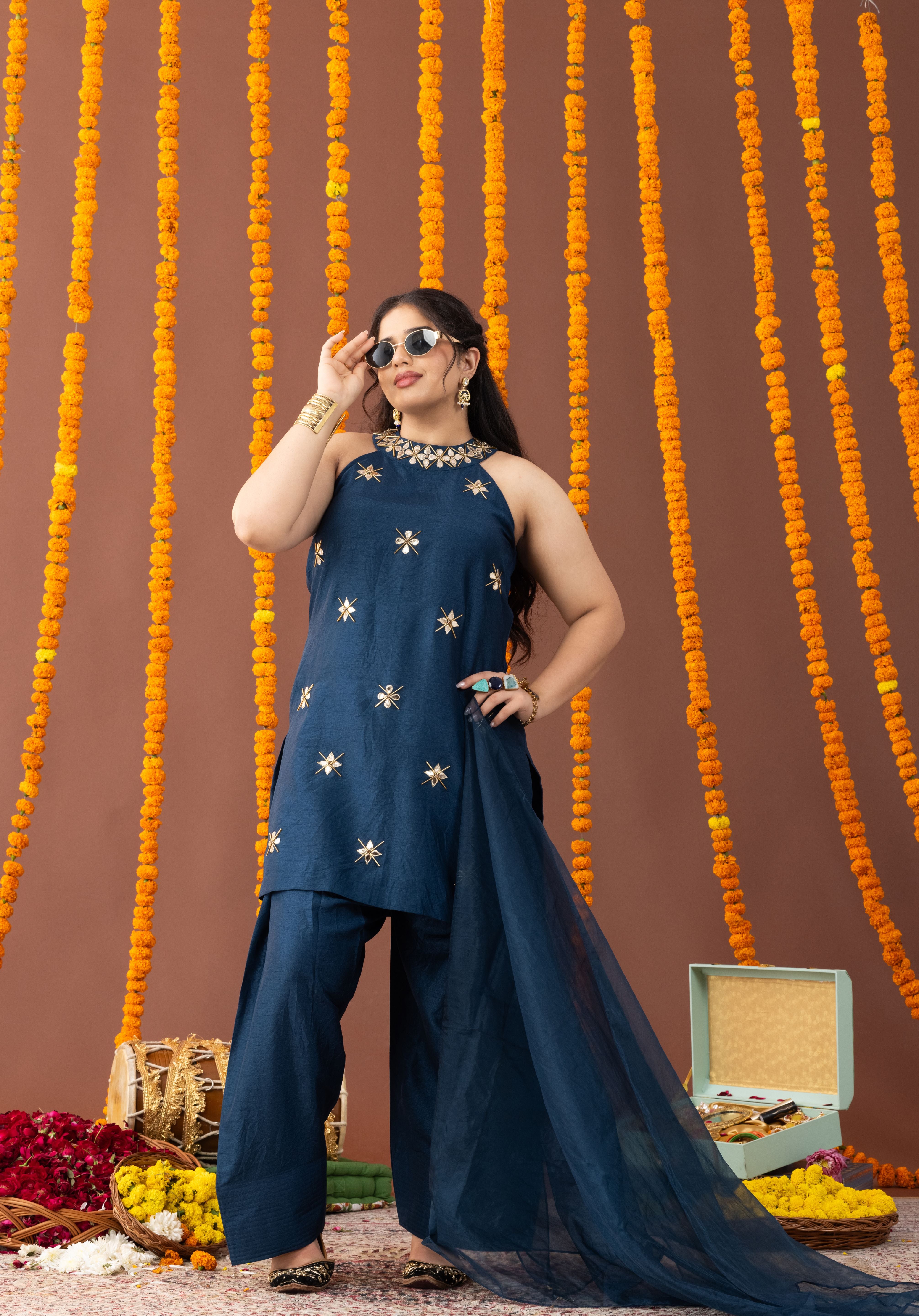 Neel Halter Neck 3 Piece Kurta Set with Farshi Salwar and Dupatta