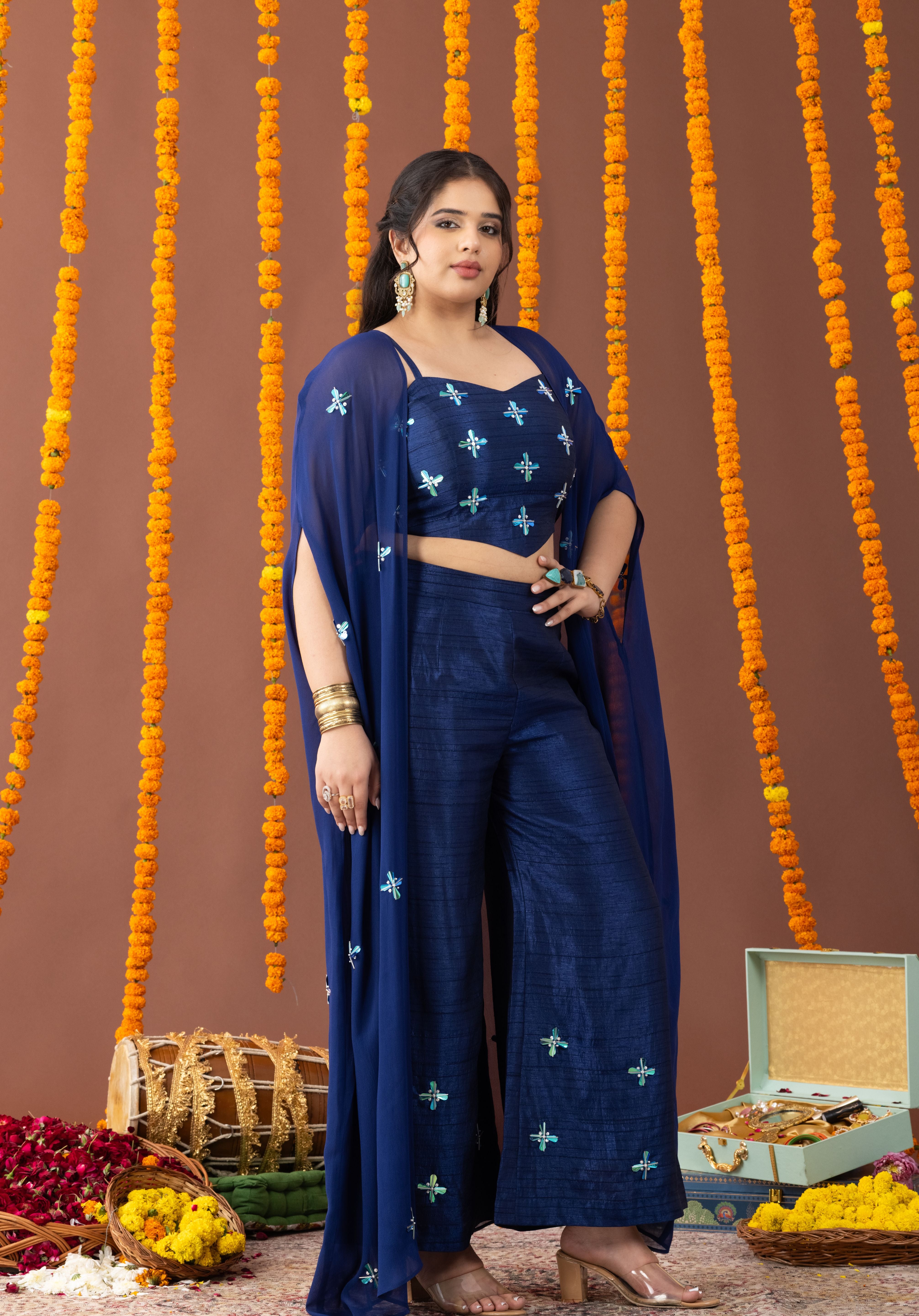 Aasmaan 3 Piece Co Ord Set with Embroidered Cape