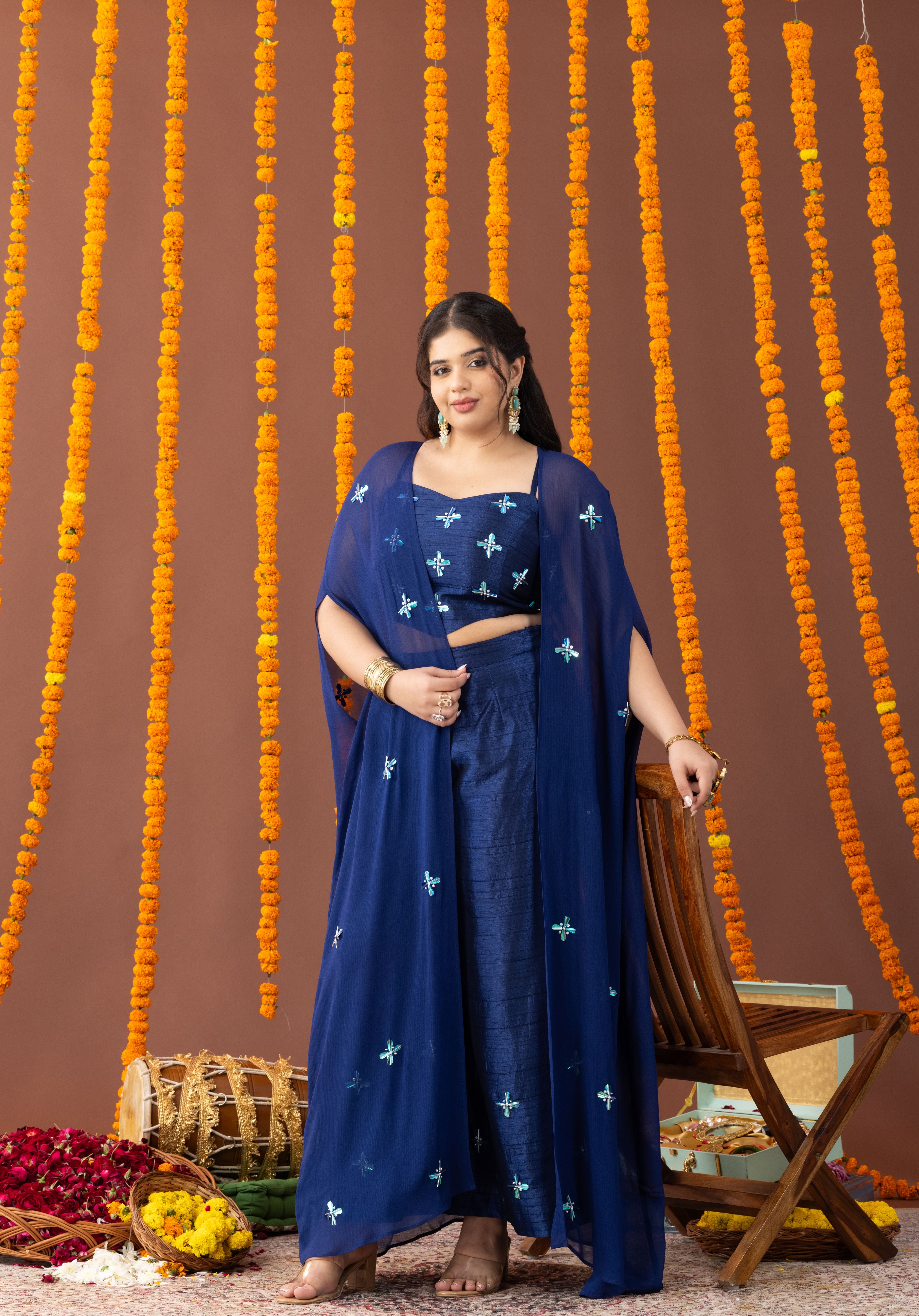 Aasmaan 3 Piece Co Ord Set with Embroidered Cape