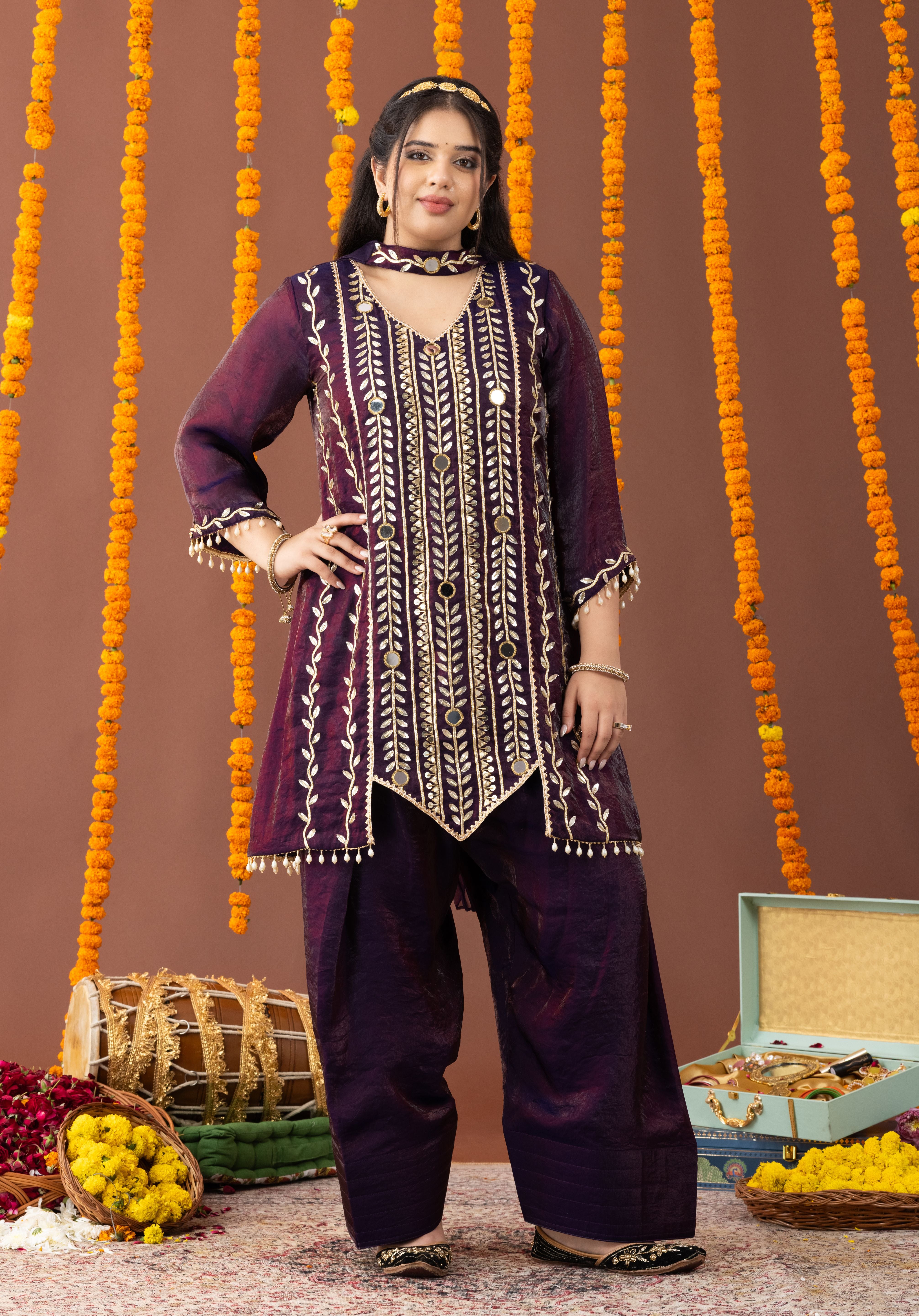 Aarzoo Plum 3 Piece Suit Set with Dupatta and Farshi Salwar