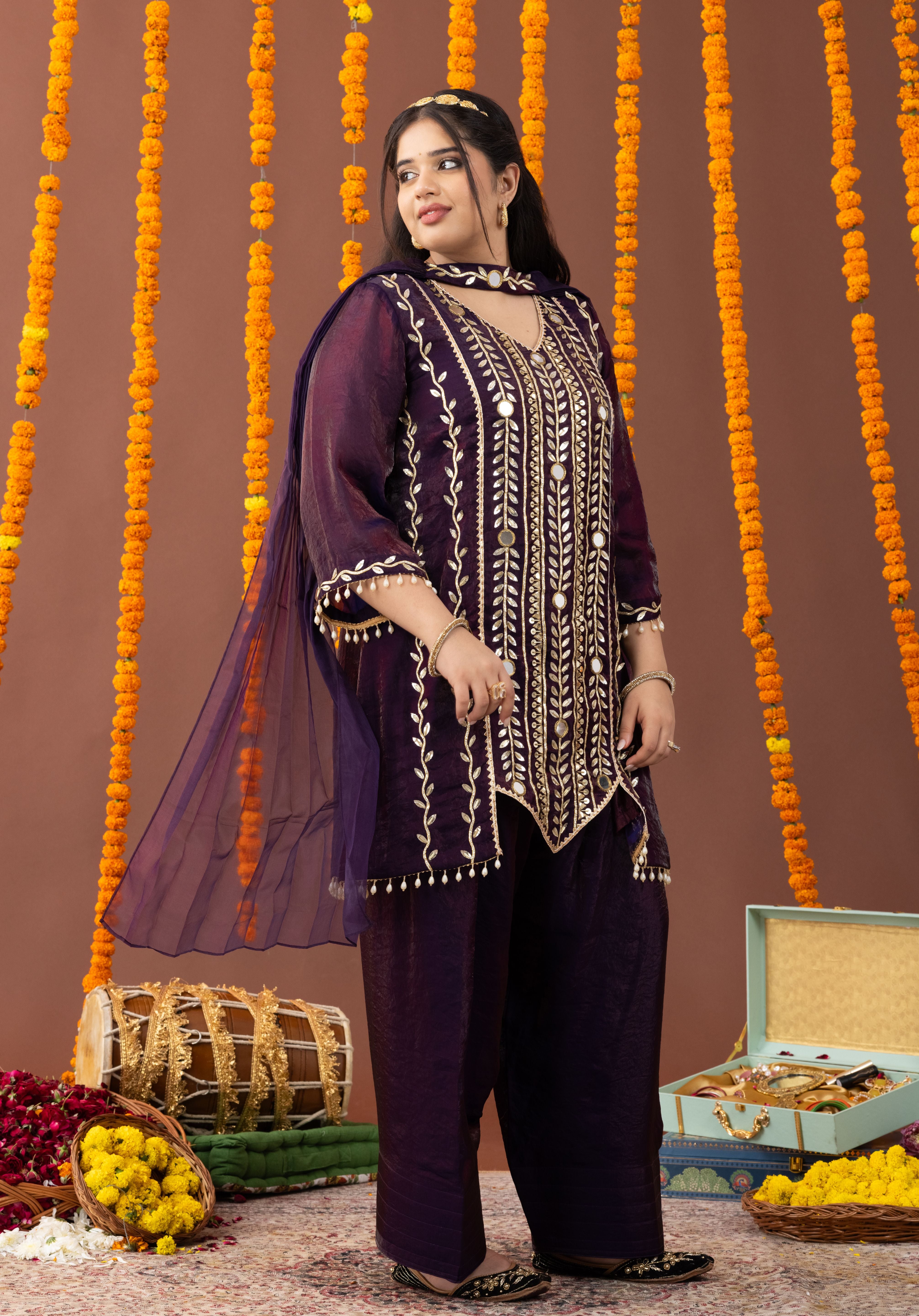 Aarzoo Plum 3 Piece Suit Set with Dupatta and Farshi Salwar