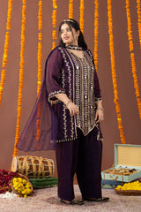 Aarzoo Plum 3 Piece Suit Set with Dupatta and Farshi Salwar