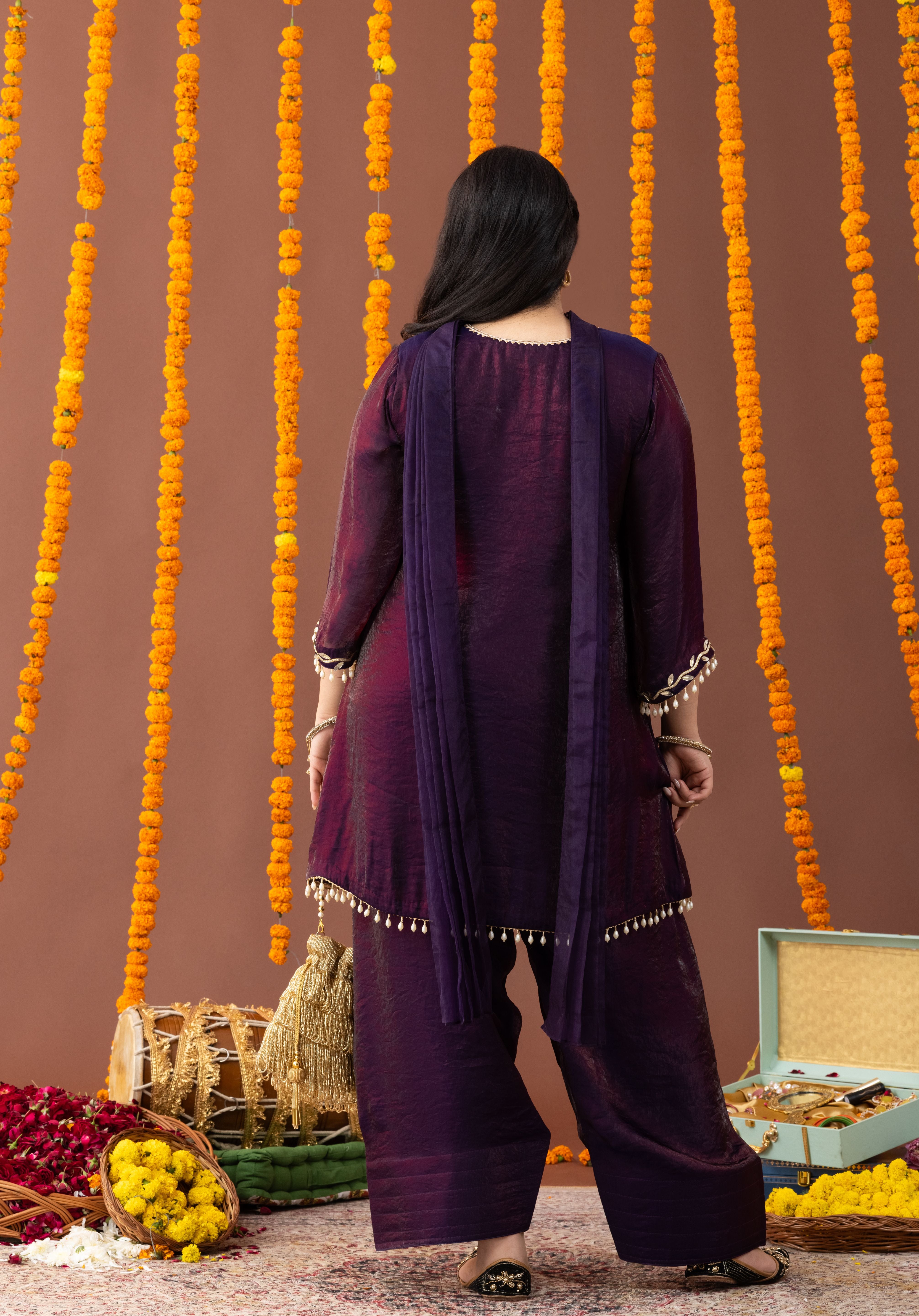 Aarzoo Plum 3 Piece Suit Set with Dupatta and Farshi Salwar