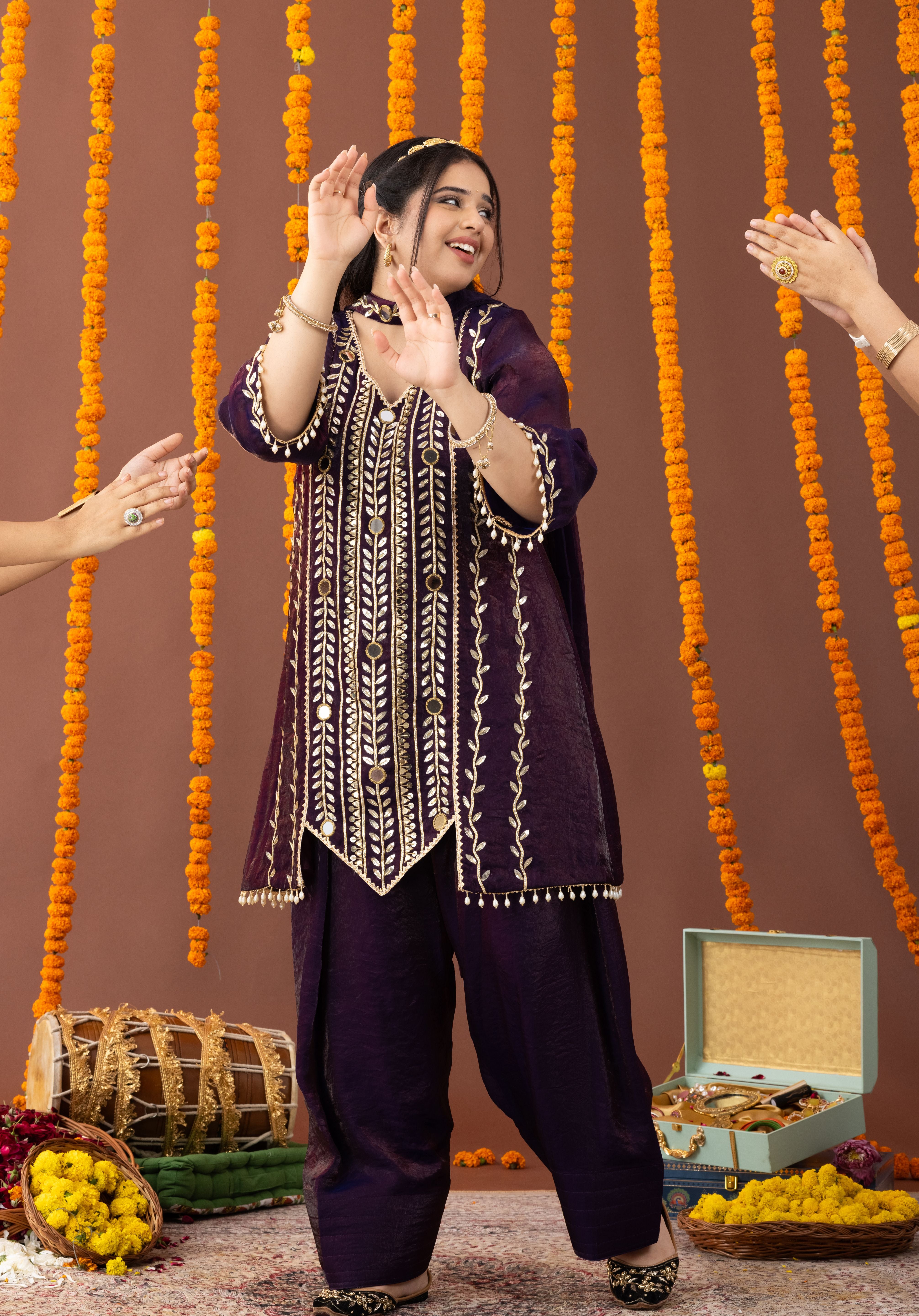 Aarzoo Plum 3 Piece Suit Set with Dupatta and Farshi Salwar