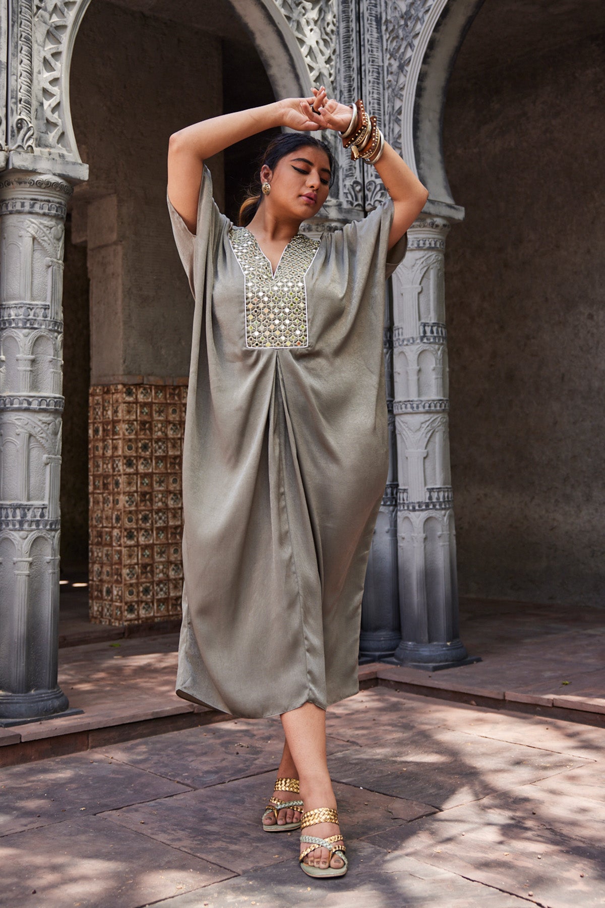 Moss Green Mirror Work Kaftan Dress