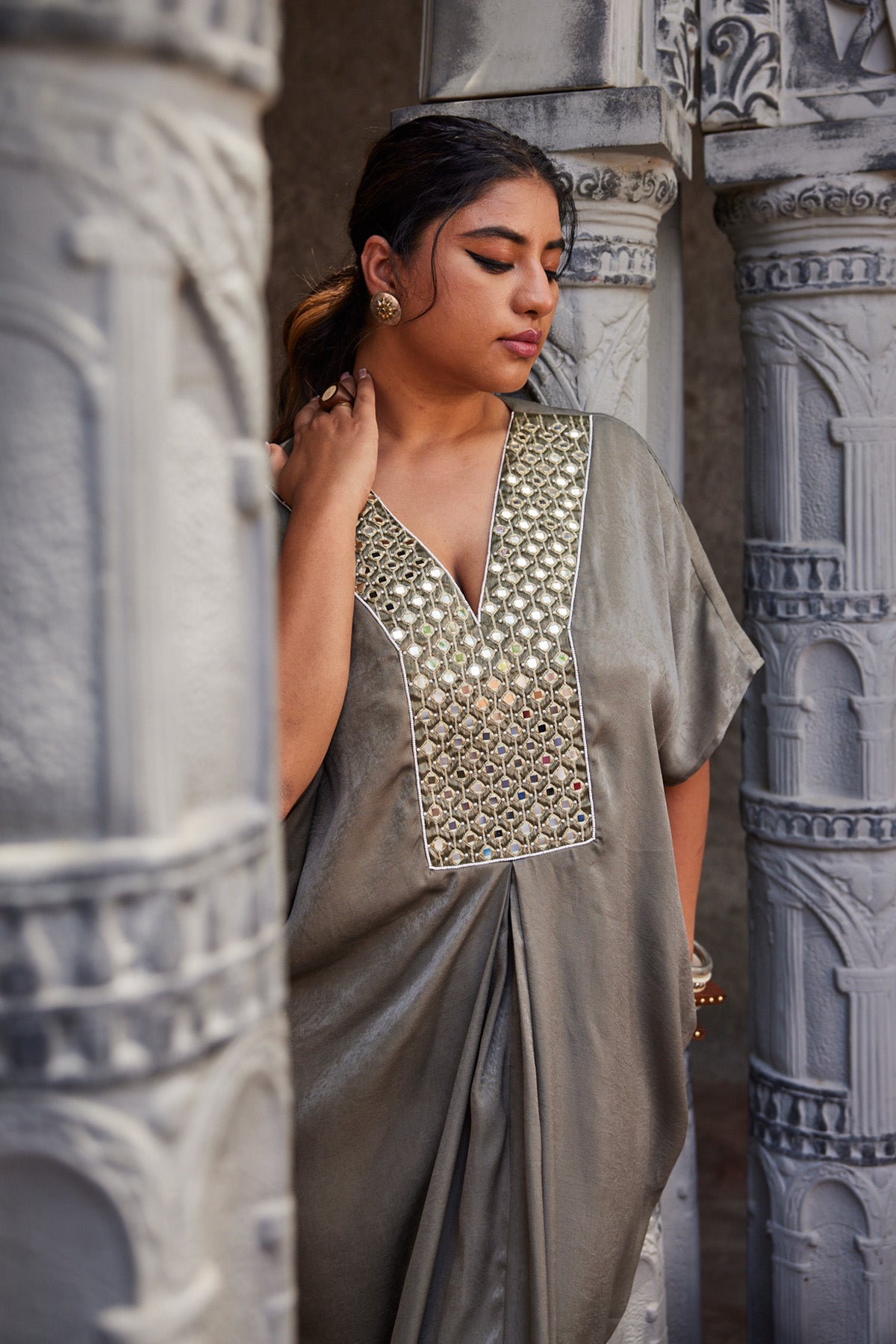 Moss Green Mirror Work Kaftan Dress