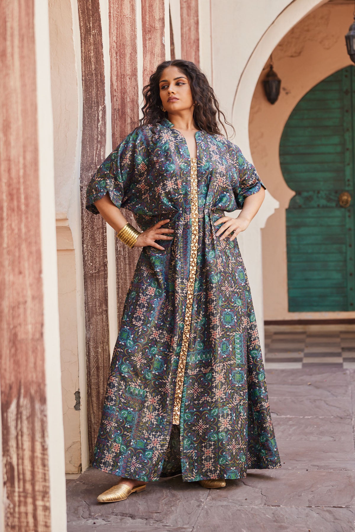 Elegant Printed Kaftan Dress with Sequence Work