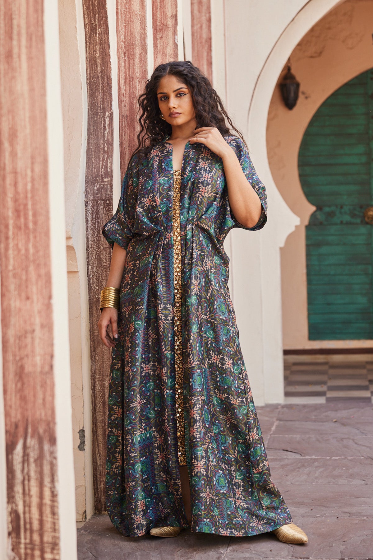 Elegant Printed Kaftan Dress with Sequence Work