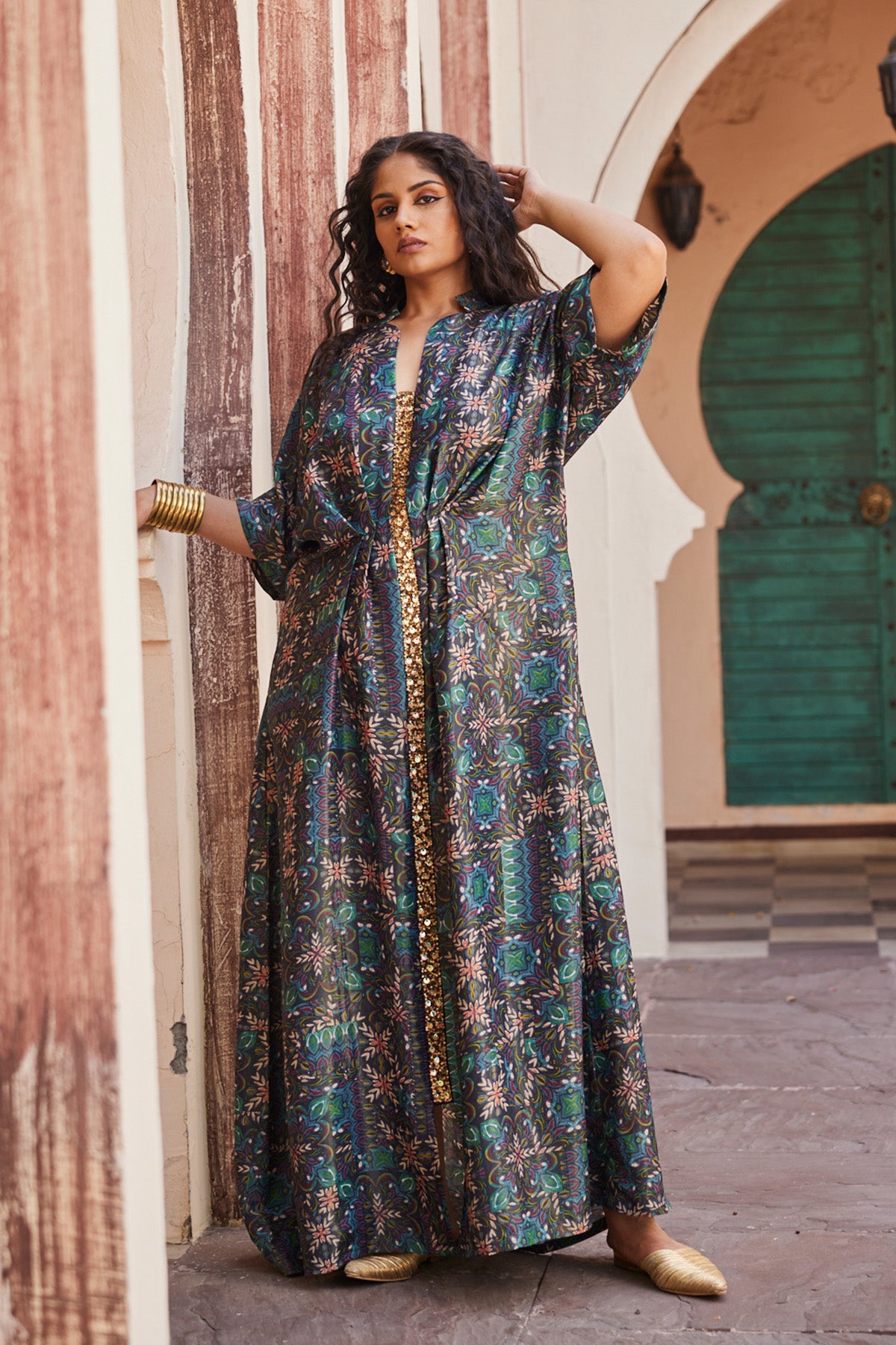 Elegant Printed Kaftan Dress with Sequence Work