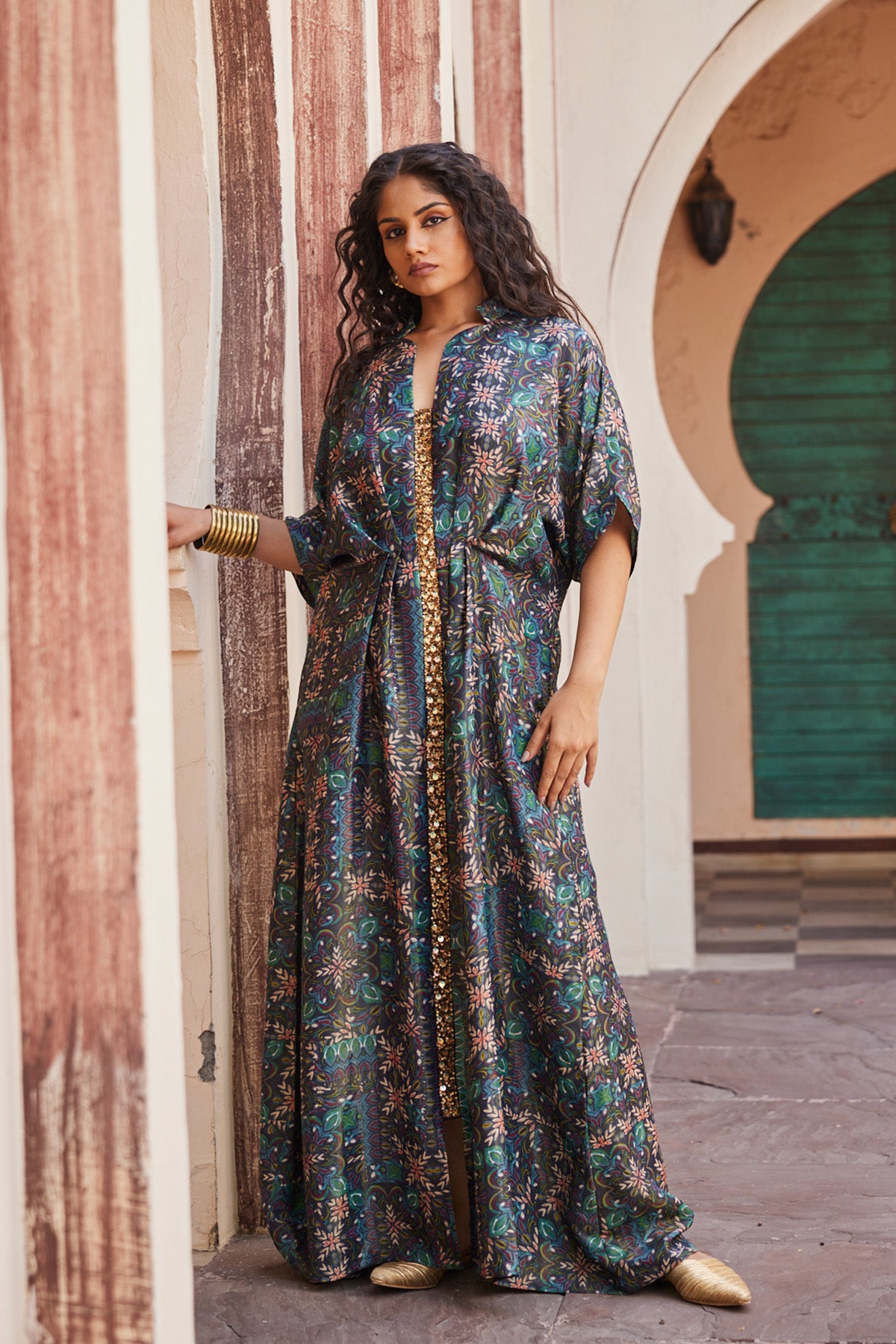 Elegant Printed Kaftan Dress with Sequence Work