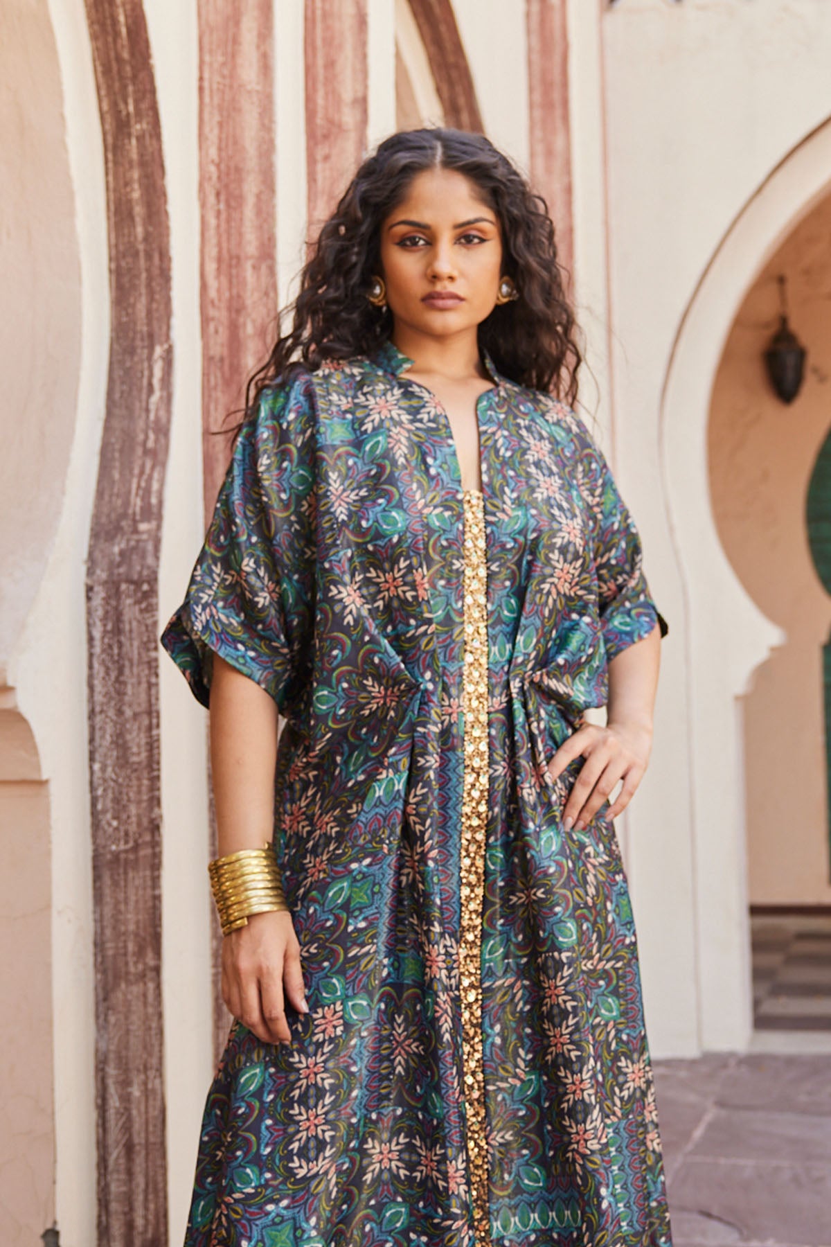 Elegant Printed Kaftan Dress with Sequence Work